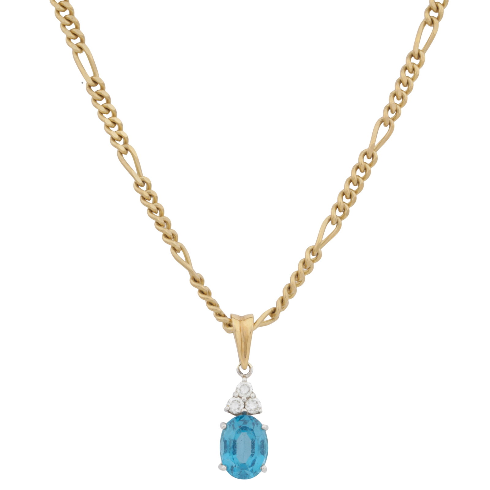 A topaz and diamond pendant necklace 9ct bi-colour gold: A topaz and diamond pendant necklace 9ct bi-colour gold Claw-set with an oval-cut topaz accented with circular-cut diamonds, to a bi-colour mount, suspended from a figaro chain with bolt clasp, set