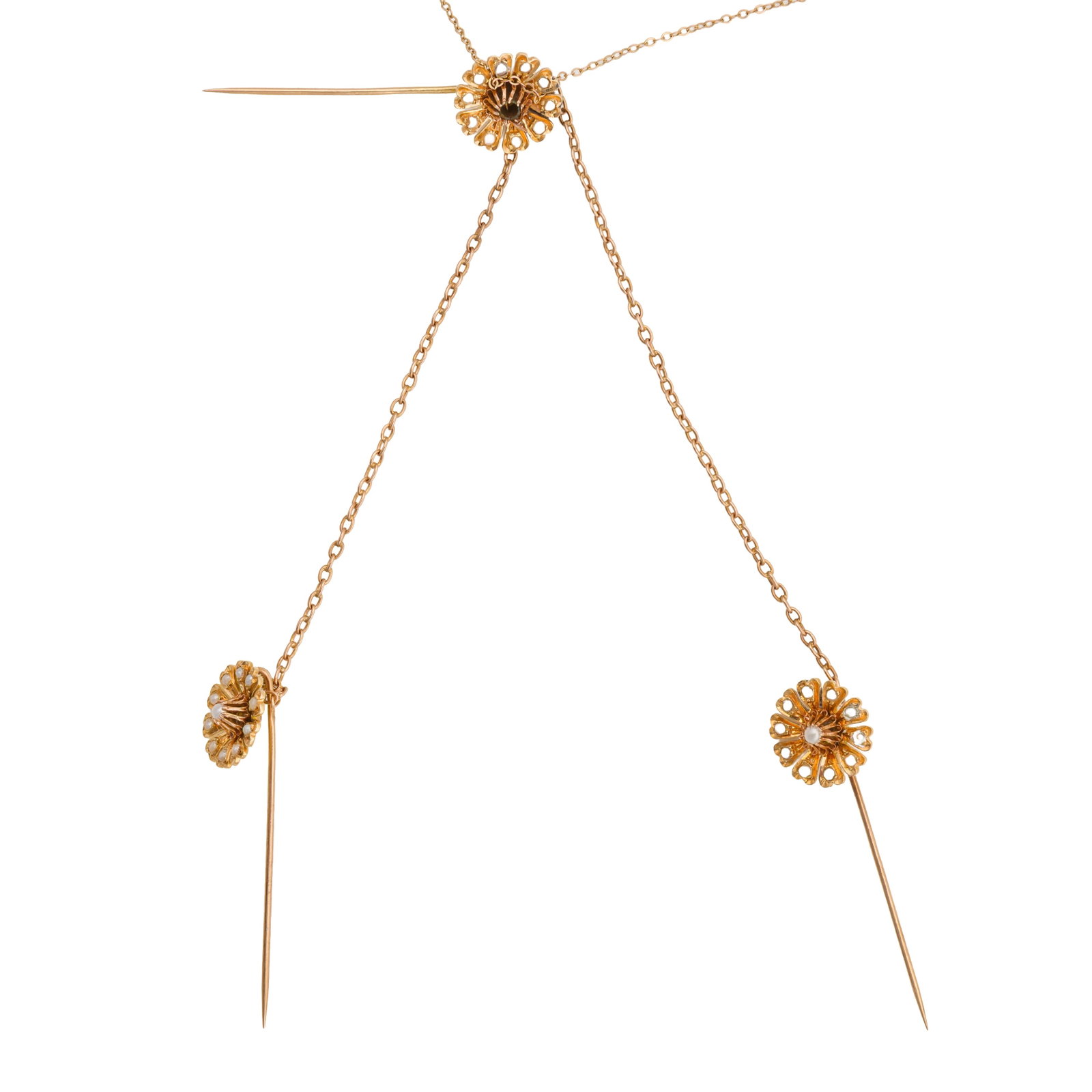 A chain necklace with three lapel pins Yellow metal - 2