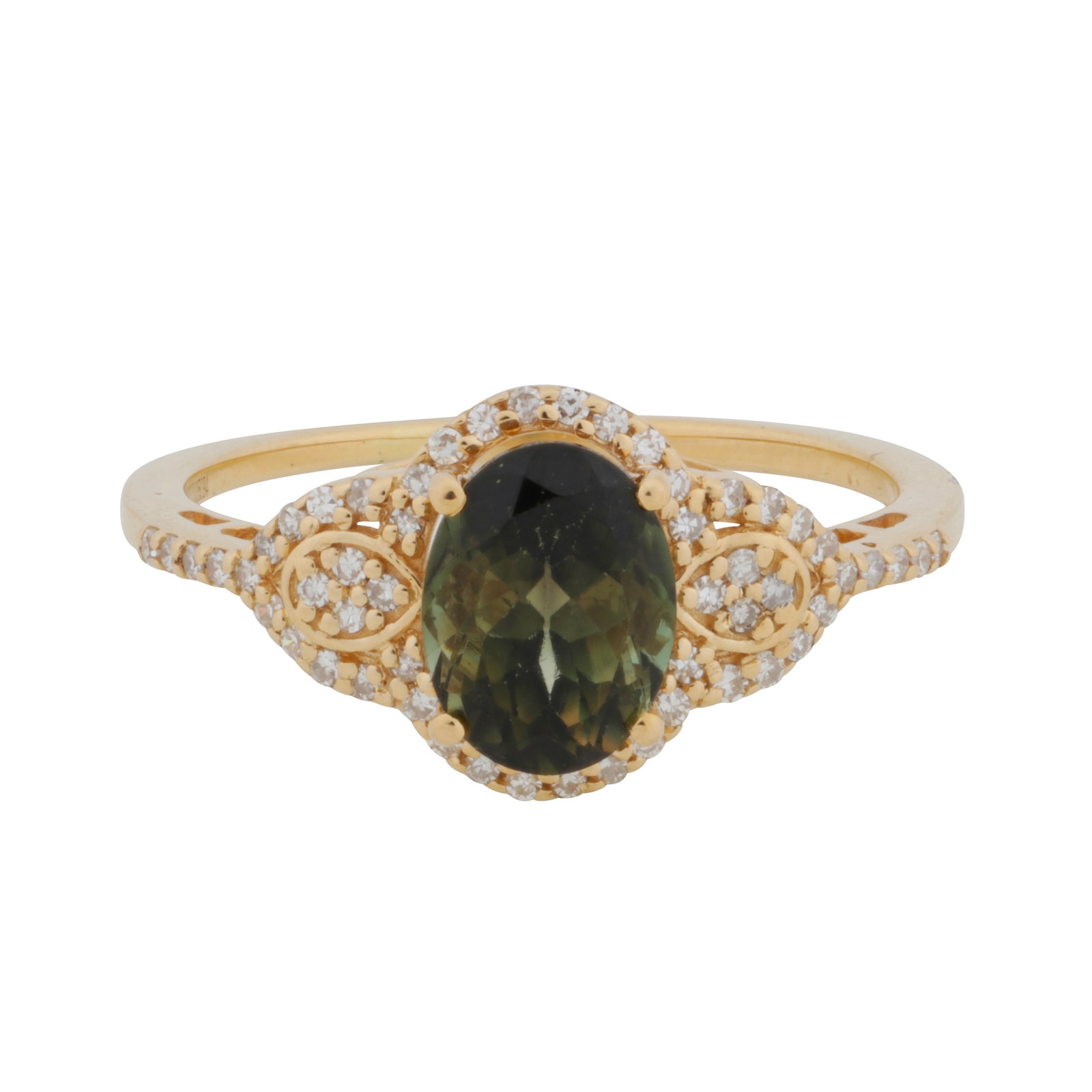 A tourmaline and diamond ring Yellow metal: A tourmaline and diamond ring Yellow metal The oval-cut tourmaline, surrounded by single-cut diamonds, to similarly-cut diamond shoulders, pierced gallery and straight band, total diamonds approx.