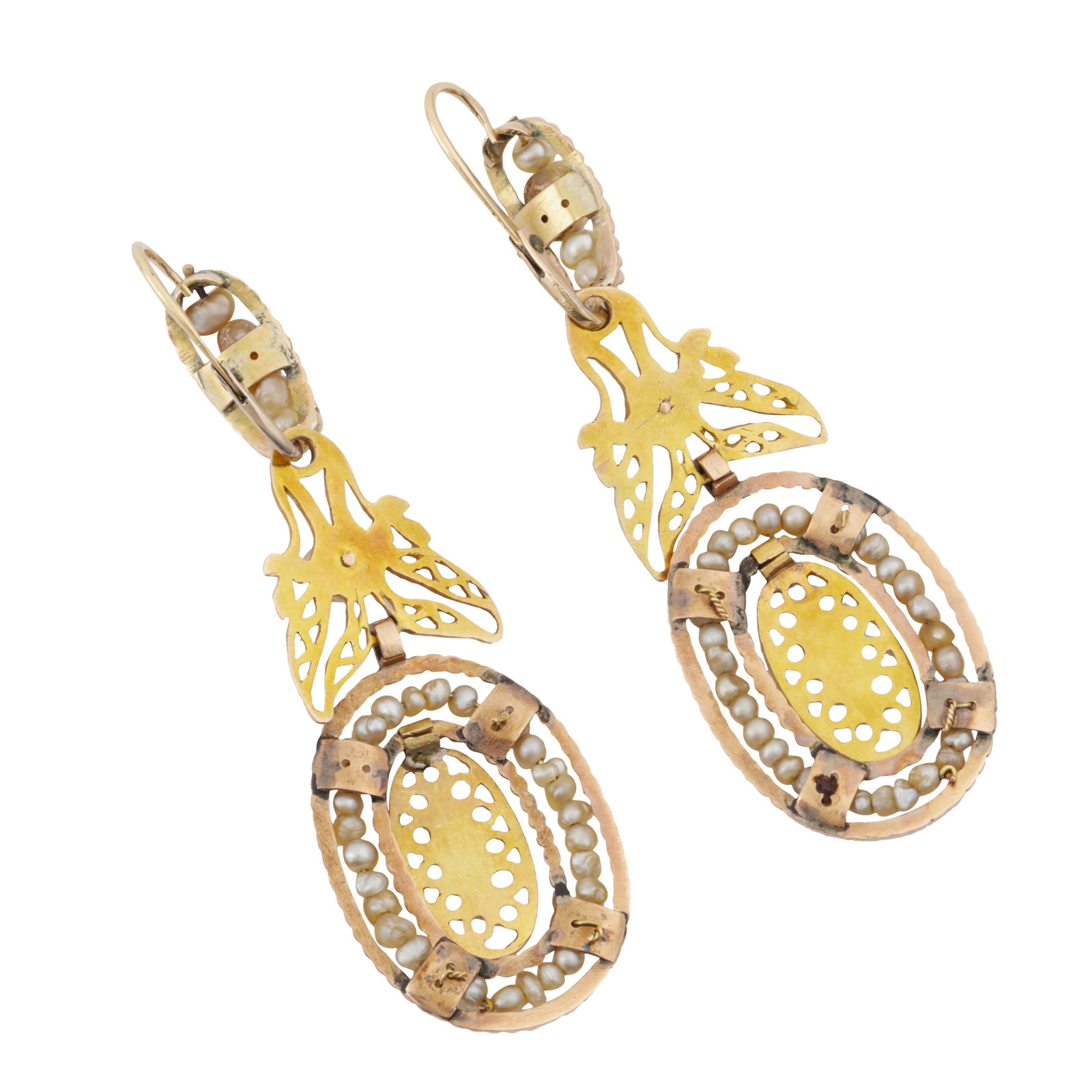 A pair of pearl pendent earrings Yellow metal - 2