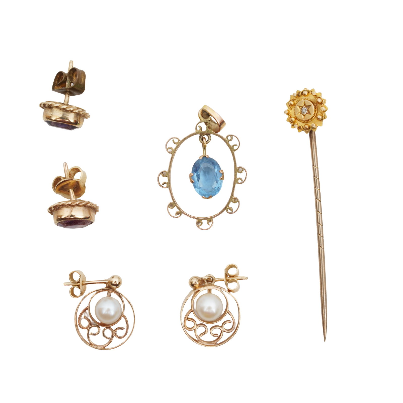 A group of jewellery Yellow metal: A group of jewellery Yellow metal including a blue gem pendant; a pair of pearl earrings; a diamond pin; a pair of amethyst earrings; all mounted in yellow metal; some marked 375 or 9ct; various