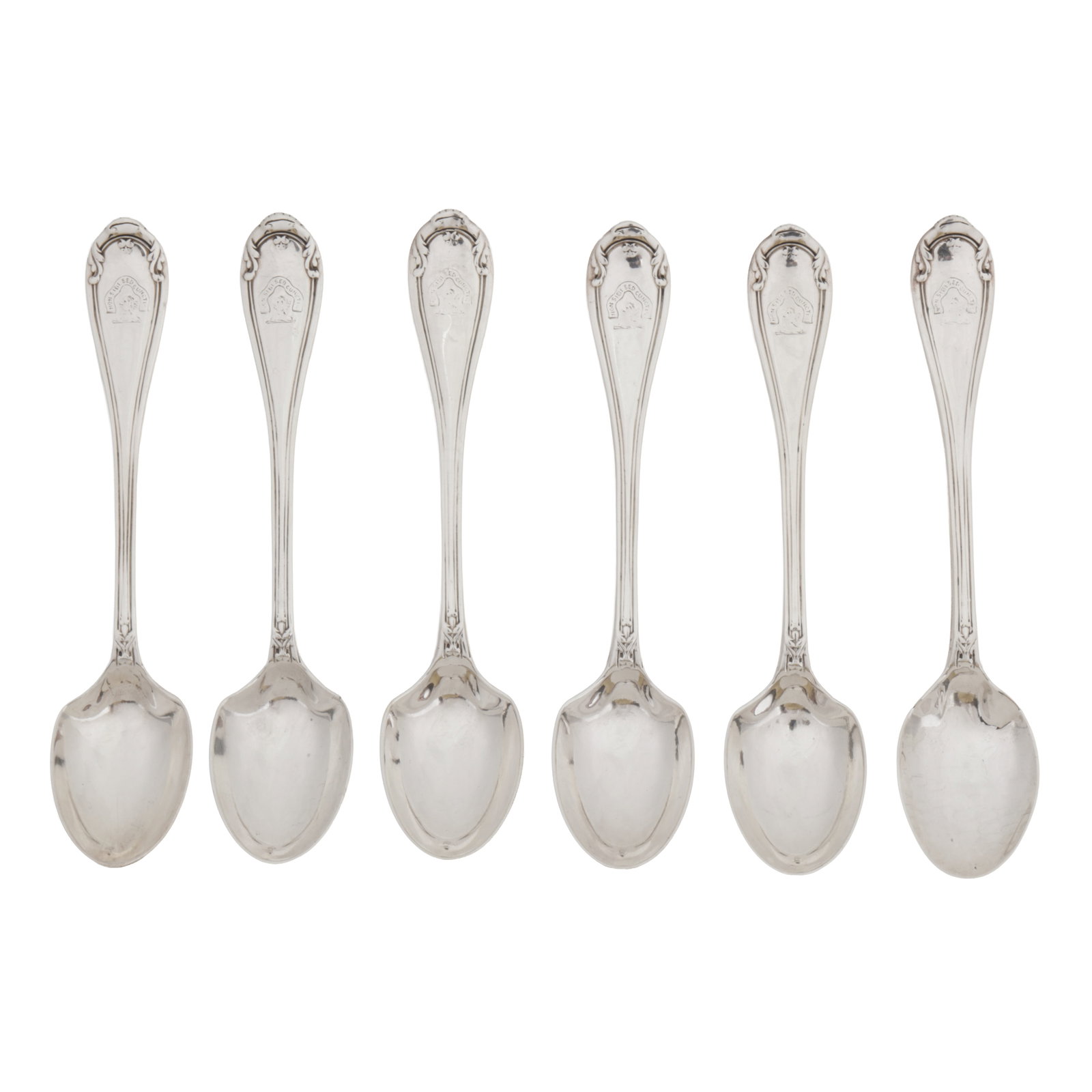 London 1858 by George Adams of Chawner and Co A set of six Victorian sterling silver egg spoons: London 1858 by George Adams of Chawner and Co A set of six Victorian sterling silver egg spoons Tamworth pattern, double struck, each engraved to the front with a crest of a Moor’s head, and