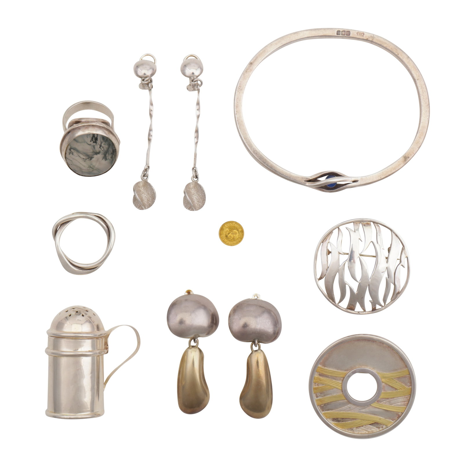 A collection of jewellery and miscellaneous Yellow and white metal: A collection of jewellery and miscellaneous Yellow and white metal To include two pairs of pendent earrings, three rings, two brooches, a bangle, a pepper pot, and a Mexican 22ct gold Agustinus Dei