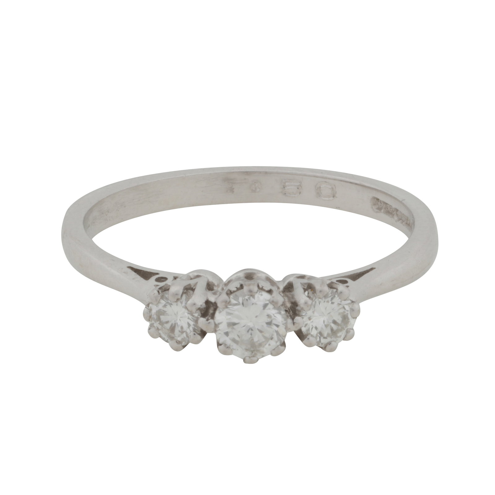 A diamond three stone ring 18ct white gold: A diamond three stone ring 18ct white gold Claw-set with graduated brilliant-cut diamonds, to cathedral setting and pointed shoulders, diamonds approx. 0.40 carat total, maker's mark, UK hallmark,