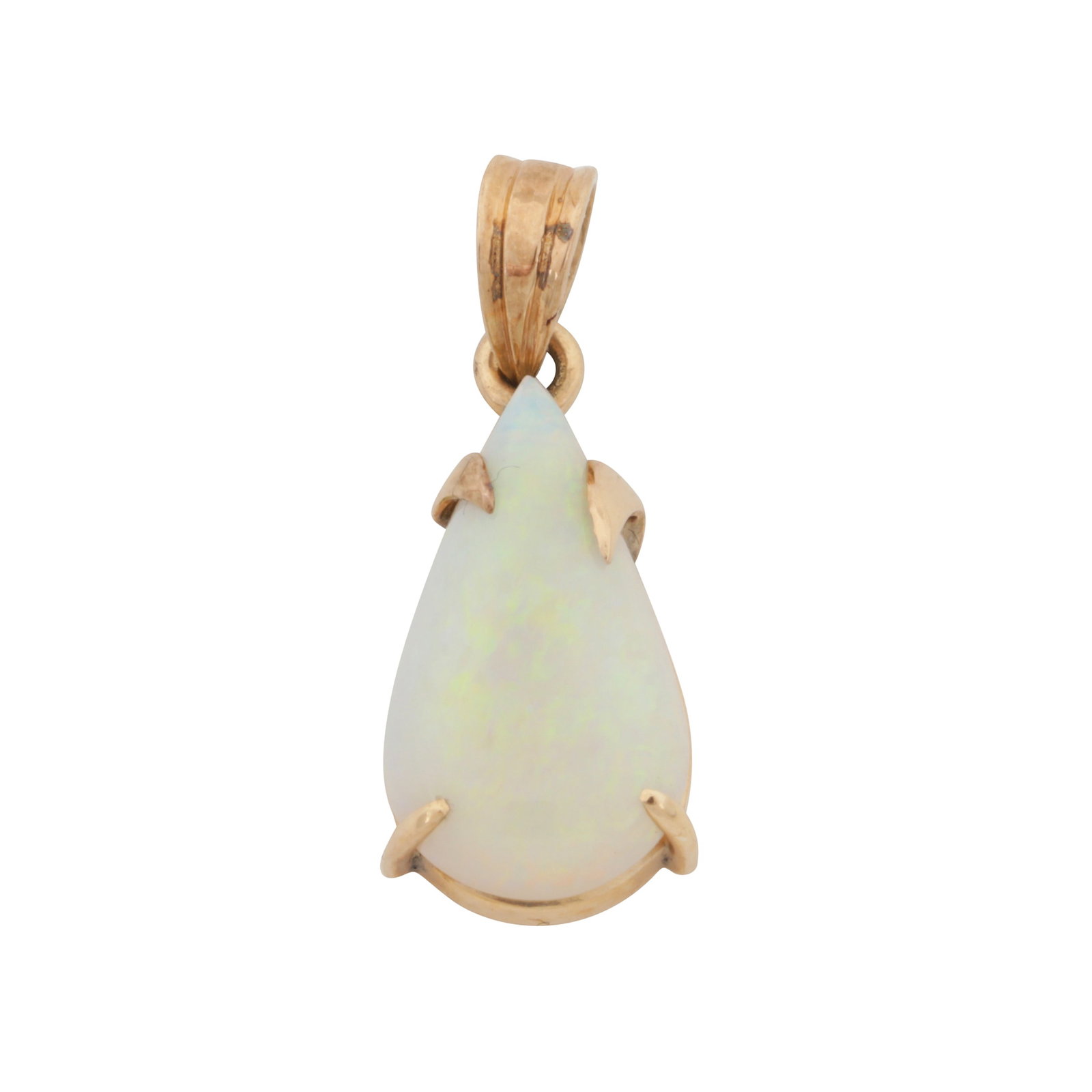 An opal drop pendant Yellow metal: An opal drop pendant Yellow metal Claw-set with a pear-shaped white opal cabochon, stamped 14ct, length 2.0cm