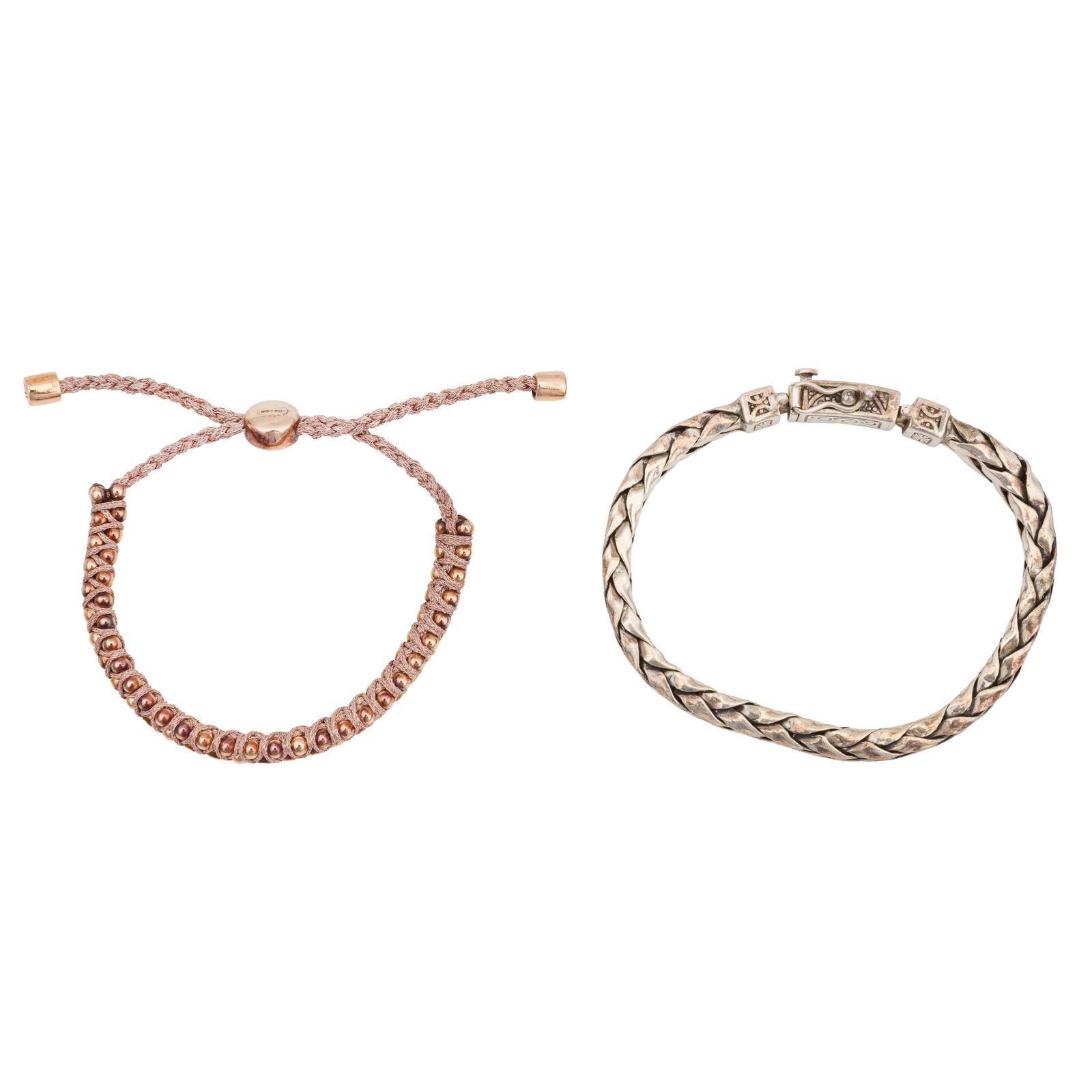 Monica Vinader Ι A 'Rio' friendship bracelet and a silver bracelet Rose and white metal: Monica Vinader Ι A 'Rio' friendship bracelet and a silver bracelet Rose and white metal The Rio bracelet of rose vermeil on silver of woven thread design, together with a silver bracelet of