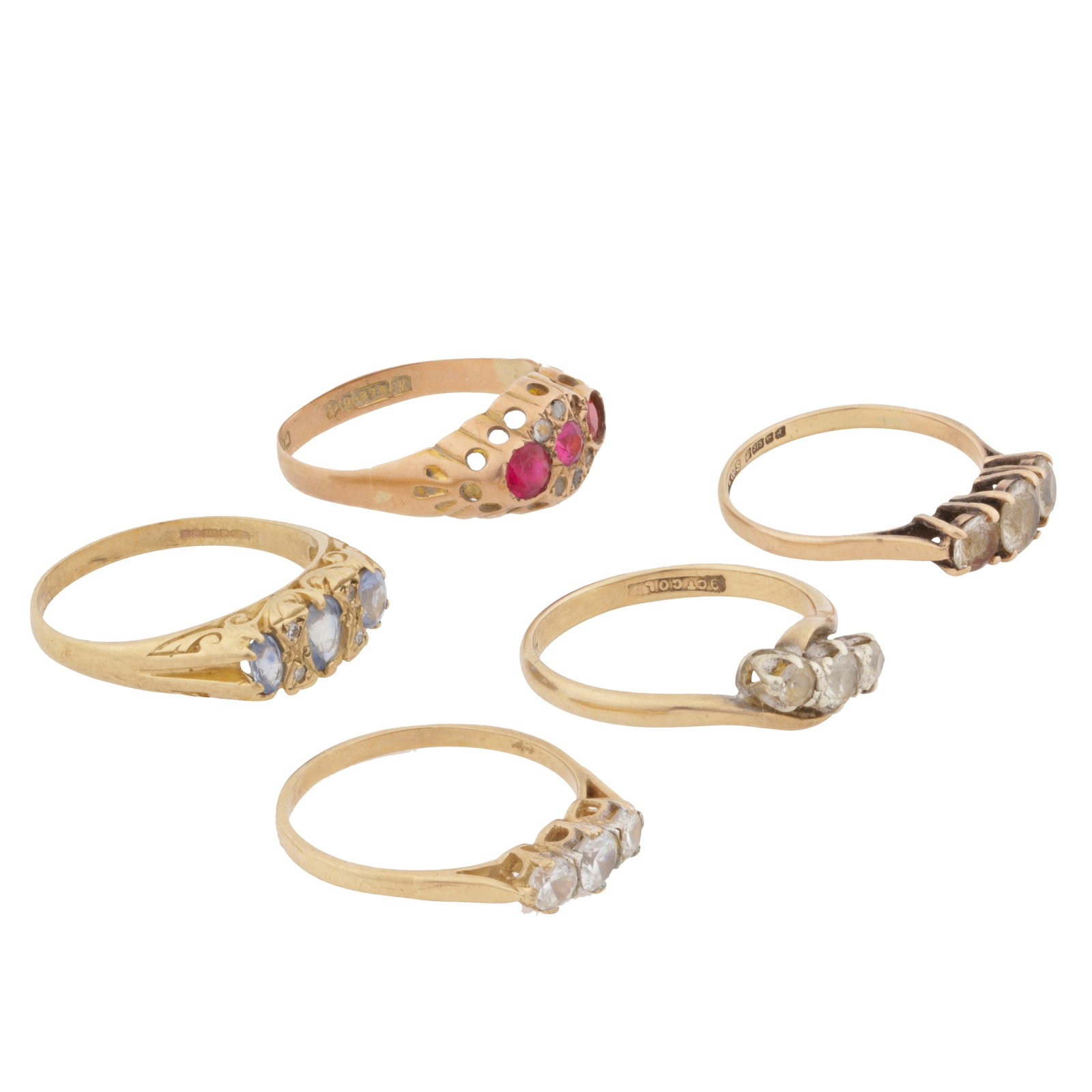 A group of five three-stone rings Yellow metal - 2