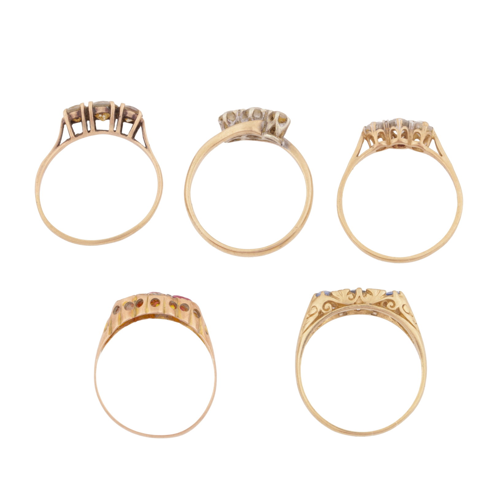 A group of five three-stone rings Yellow metal - 3