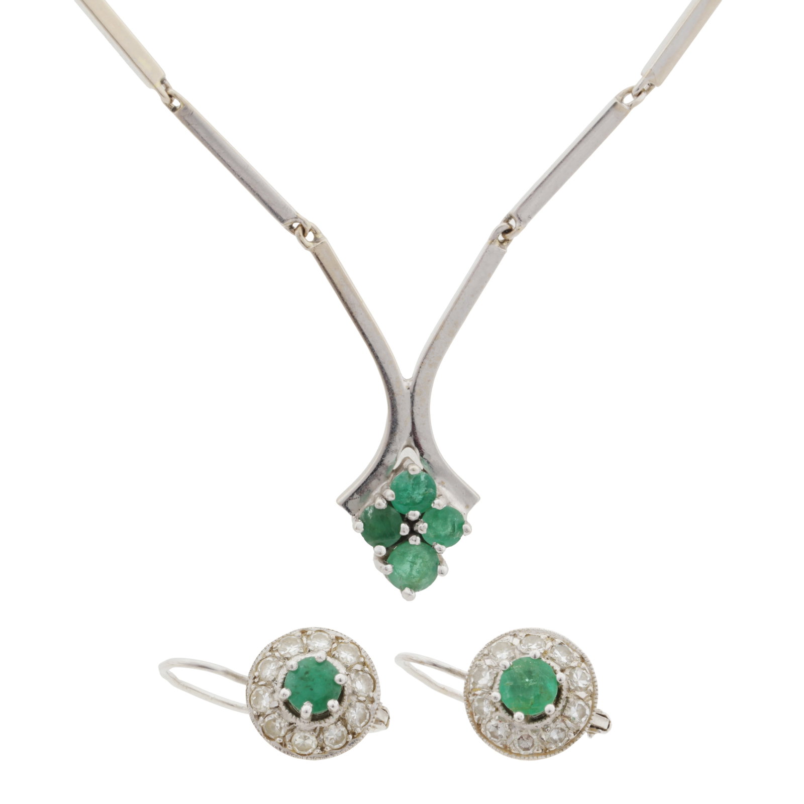 An emerald and diamond necklace and earrings White metal: An emerald and diamond necklace and earrings White metal The necklace of bar-link chain design, set with a cluster of circular-cut emeralds, bolt ring clasp fitting stamped 585; The drop earrings