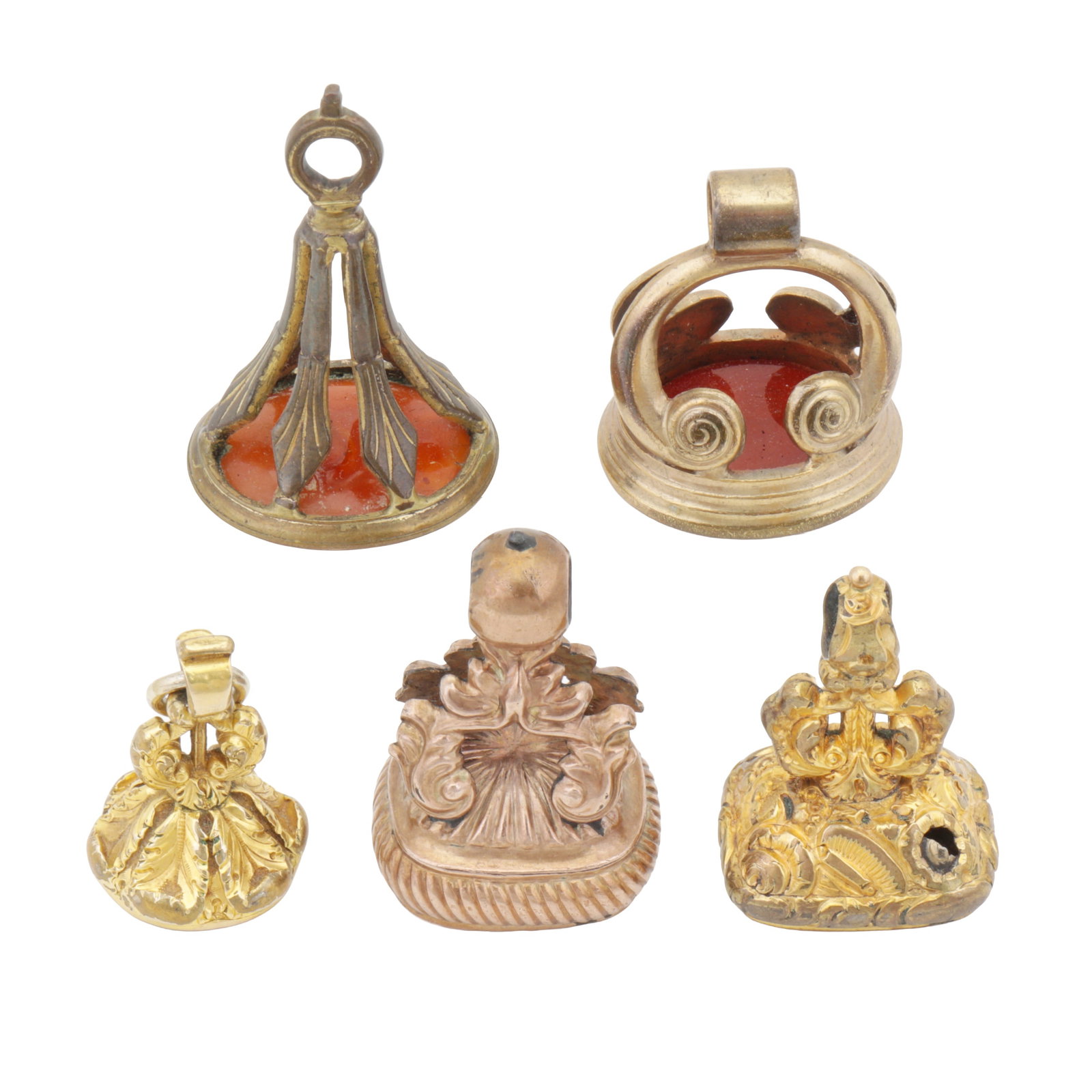 A group of five fob seals Yellow metal - 2