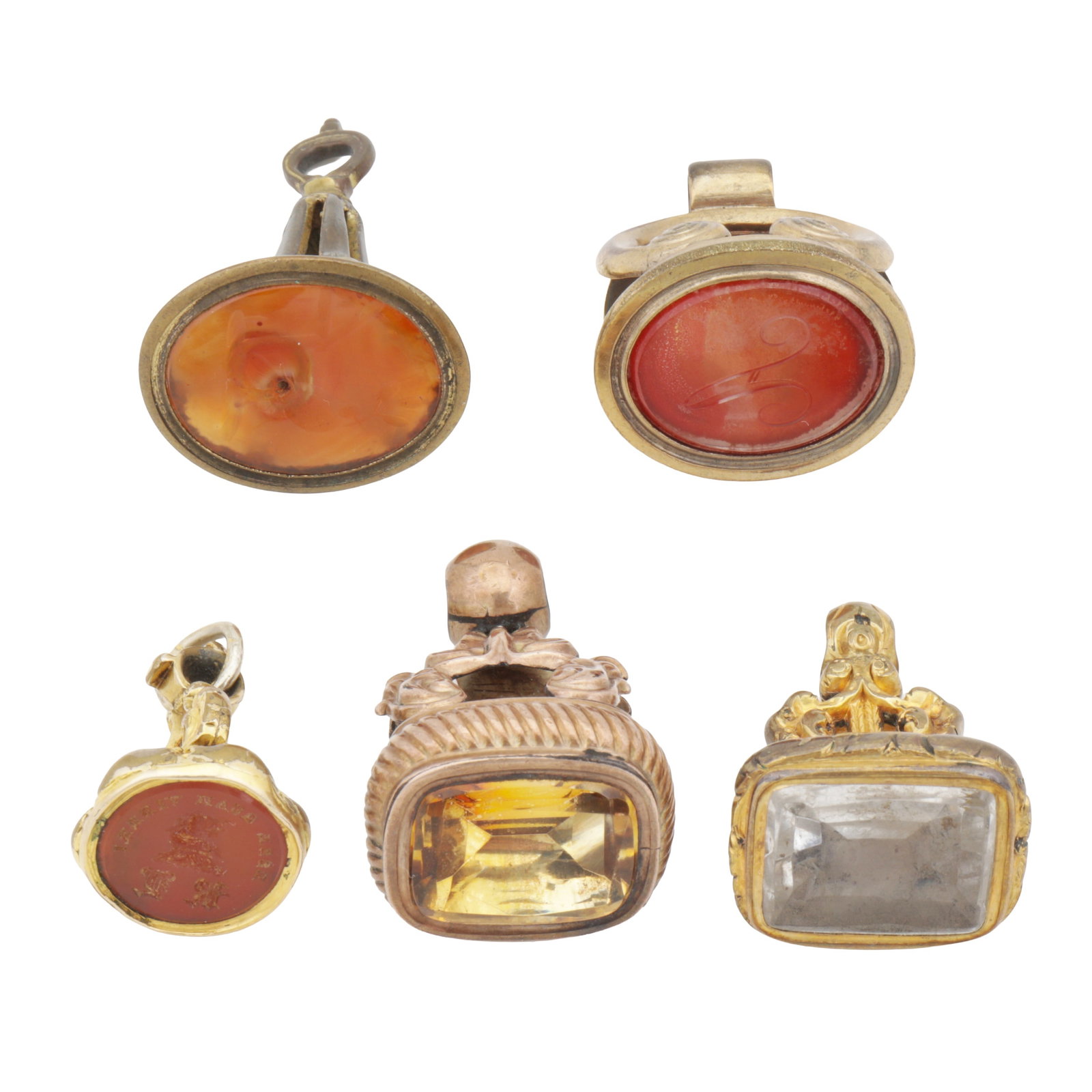 A group of five fob seals Yellow metal - 3