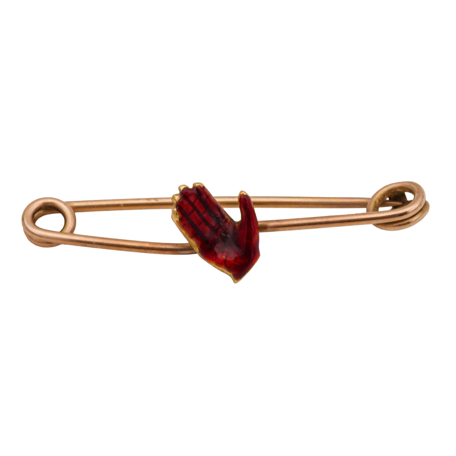 A Red Hand of Ulster pin brooch Yellow metal: A Red Hand of Ulster pin brooch Yellow metal Decorated with red enamel, set in yellow metal, stamped 9ct, length 3.8cm