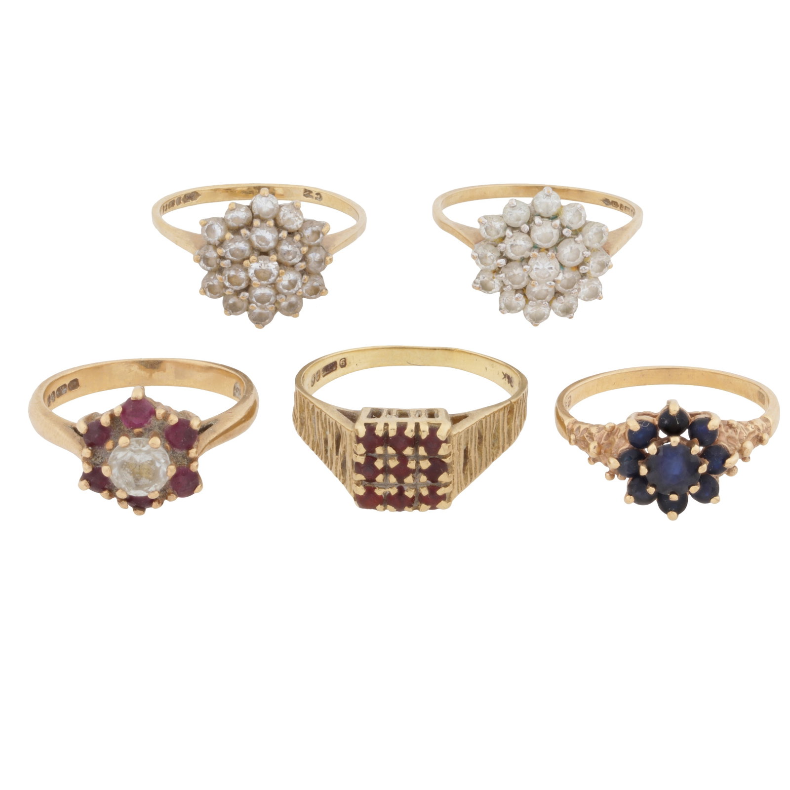 Five cluster rings 9ct yellow and white gold: Five cluster rings 9ct yellow and white gold All gem-set and hallmarked 9ct gold, various sizes (5)