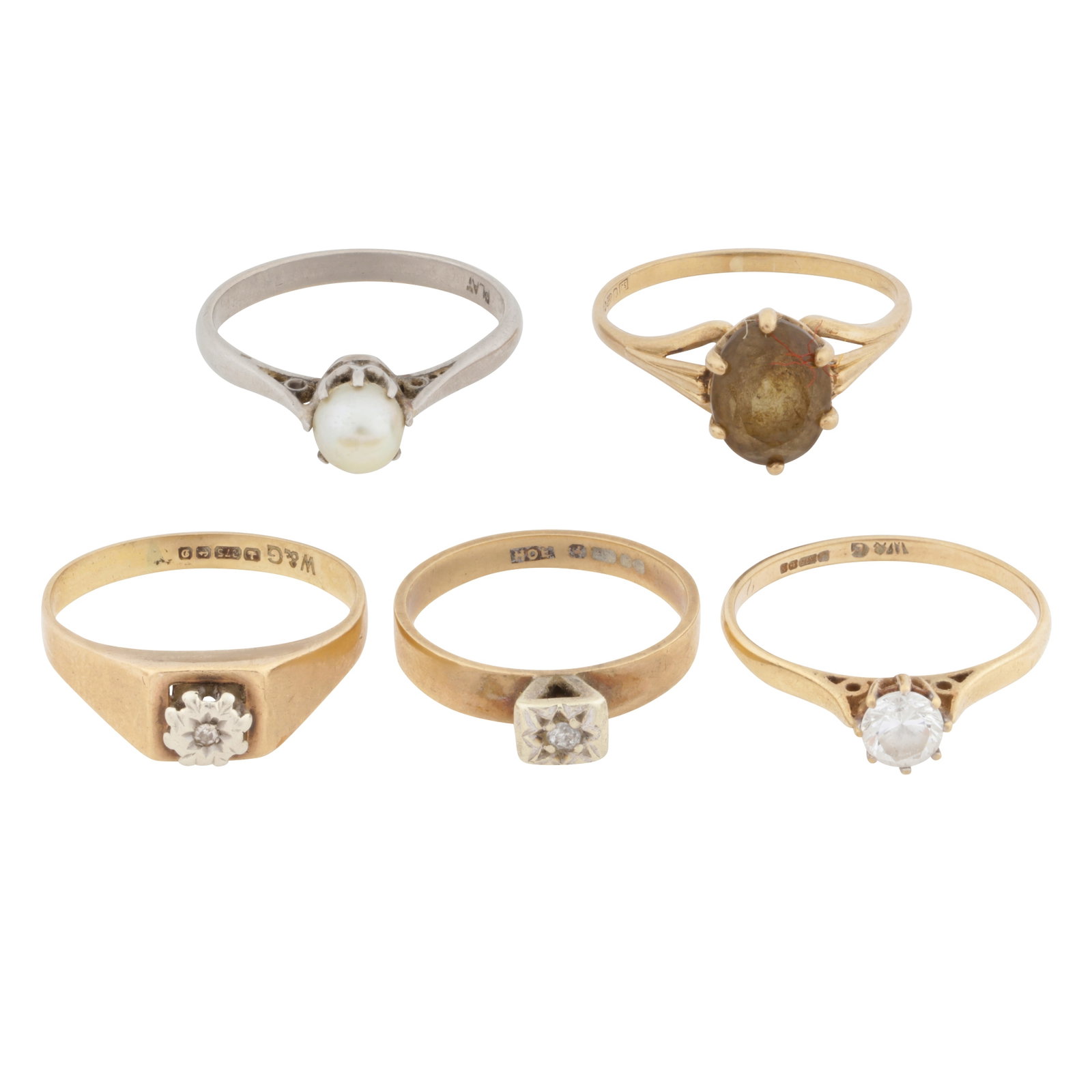 Five single-stone rings Yellow and white metal: Five single-stone rings Yellow and white metal One pearl ring, stamped Plat; two diamond rings set in 9ct yellow gold; one paste ring set in 9ct yellow gold; one smoky quartz ring set in 9ct yellow go
