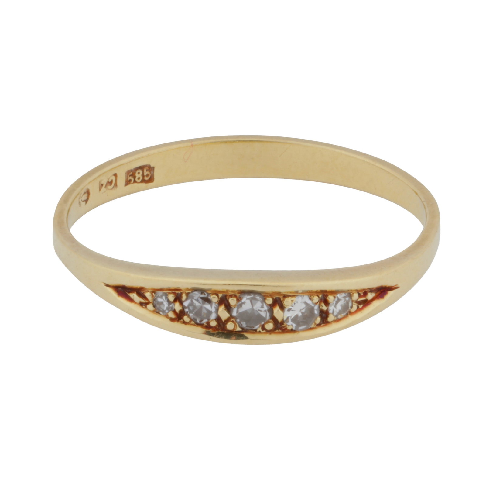 A five-stone diamond ring Yellow metal: A five-stone diamond ring Yellow metal Pavé-set with graduating single-cut diamonds, maker's mark CZ, stamped 585, ring size P