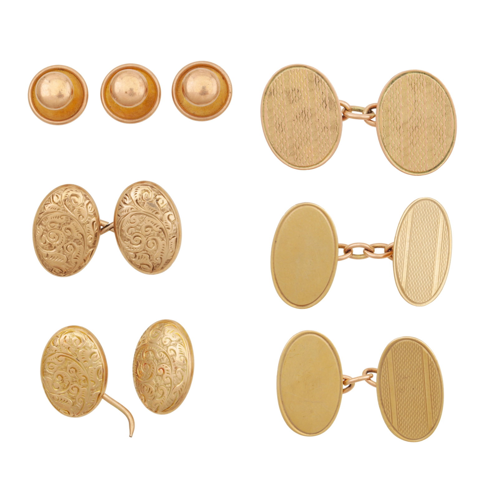 A collection of cufflinks and dress studs Yellow metal: A collection of cufflinks and dress studs Yellow metal To include two pairs of double-sided cufflinks of textured and engraved design (one broken), a spare cufflink, and three dress studs, all