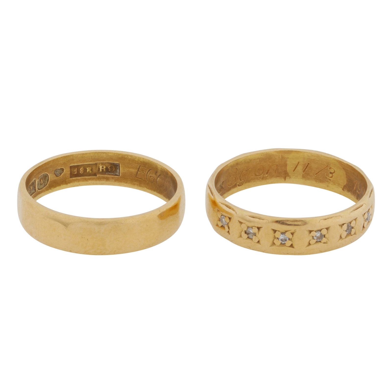 Two band rings Yellow metal: Two band rings Yellow metal Including a six-stone ring, set with single-cut diamonds, engraved on the inside, stamped 18K, size M½; together with a band ring of polished and facetted design,