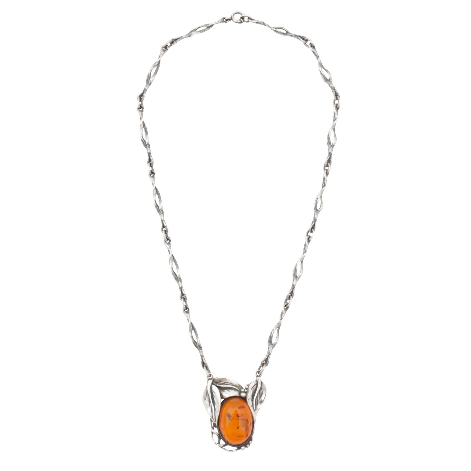 Erik From Ι An amber Scandinavian necklace White metal: Erik From Ι An amber Scandinavian necklace White metal The Danish necklace, featuring an oval amber cabochon, accented by foliate detailing, suspended from an articulated organic fancy-link
