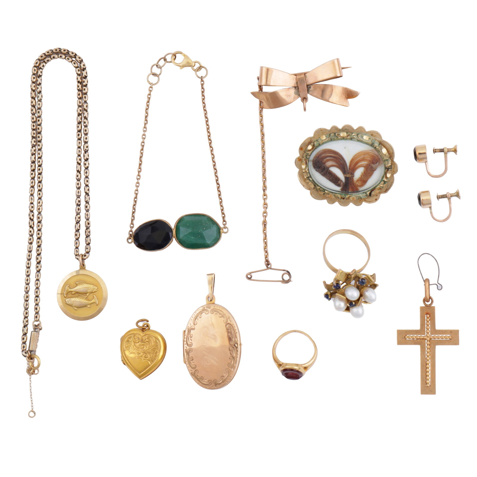 A miscellaneous group of jewellery Yellow metal: A miscellaneous group of jewellery Yellow metal Comprising a hardstone-set signet ring; a pearl and sapphire-set dress ring; a cross pendant; a bow brooch; a Zodiac pendant necklace; a hardstone-set