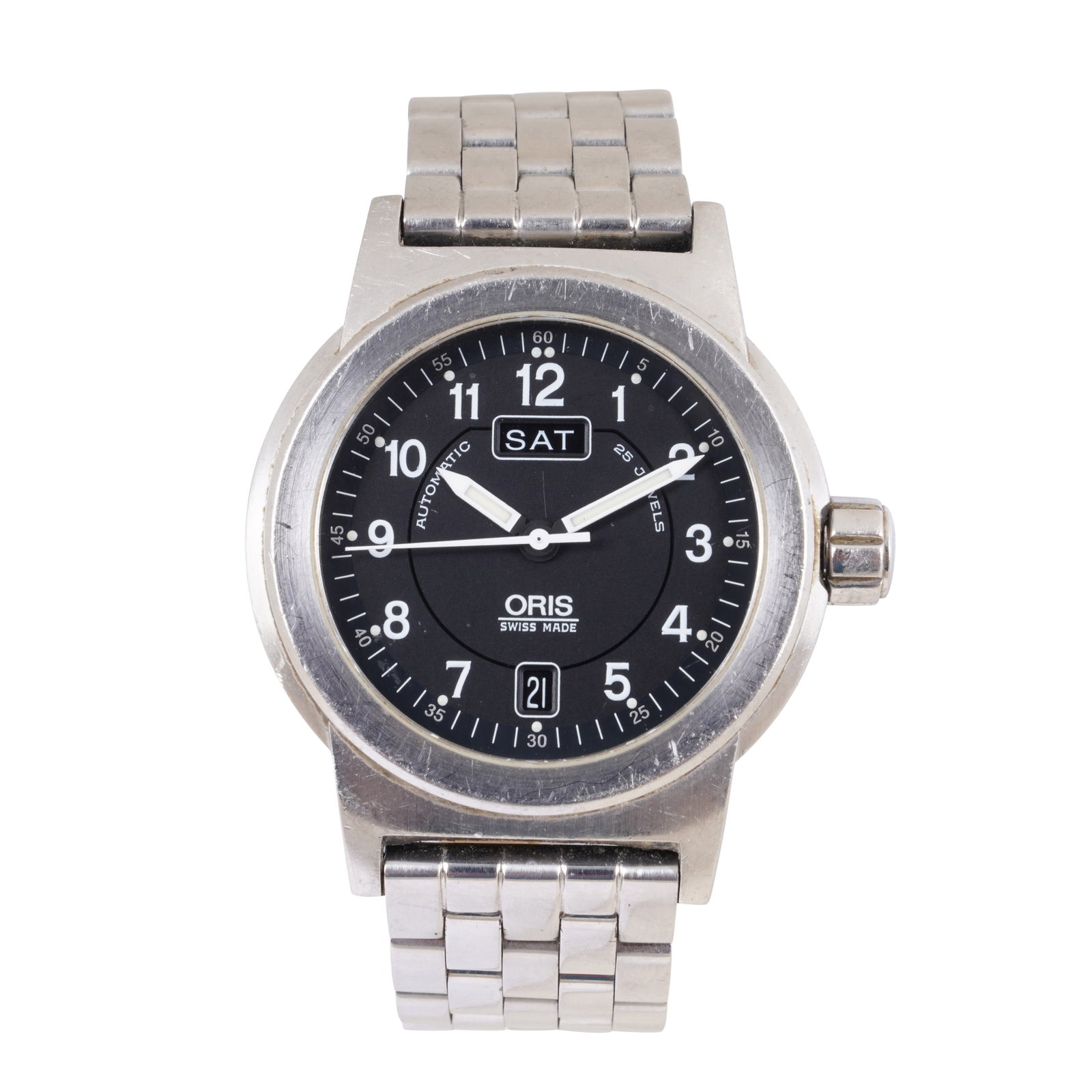 Men's Oris 'BC3' Bracelet Watch Stainless Steel: Men's Oris 'BC3' Bracelet Watch Stainless Steel Model: BC3 Reference: 7500 Date: c.Early 2000's Movement: Automatic, cal.635 (ETA 2836-2 base) Dial: Black, outer minute index, Arabic numeral hour