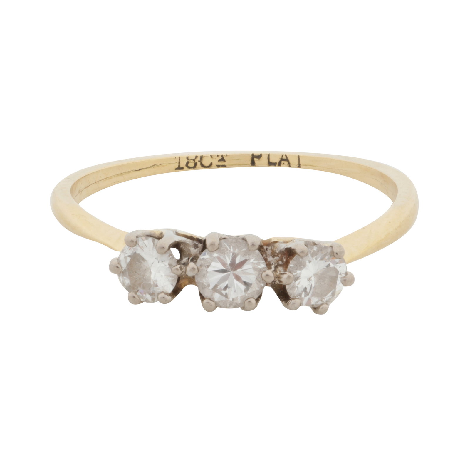 A diamond three stone ring Yellow and white metal: A diamond three stone ring Yellow and white metal Claw-set with graduated brilliant-cut diamonds weighing approx. 0.35 carat total, to pointed shoulders, stamped 18ct and Plat, ring size M½