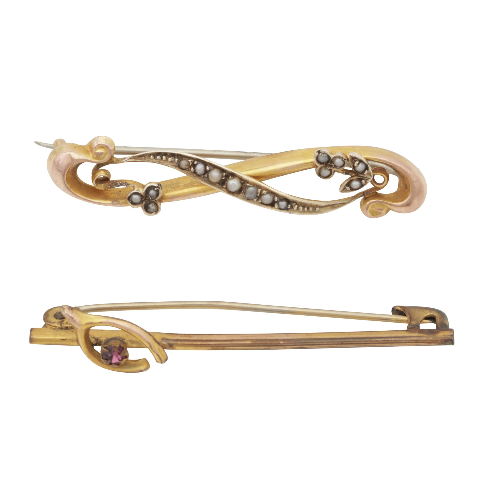 Two bar brooches Yellow metal: Two bar brooches Yellow metal To include a seed pearl brooch of crossover design, set in 9ct yellow gold, maker's mark, UK hallmark, length 4.2cm; together with an amethyst wishbone bar brooch,