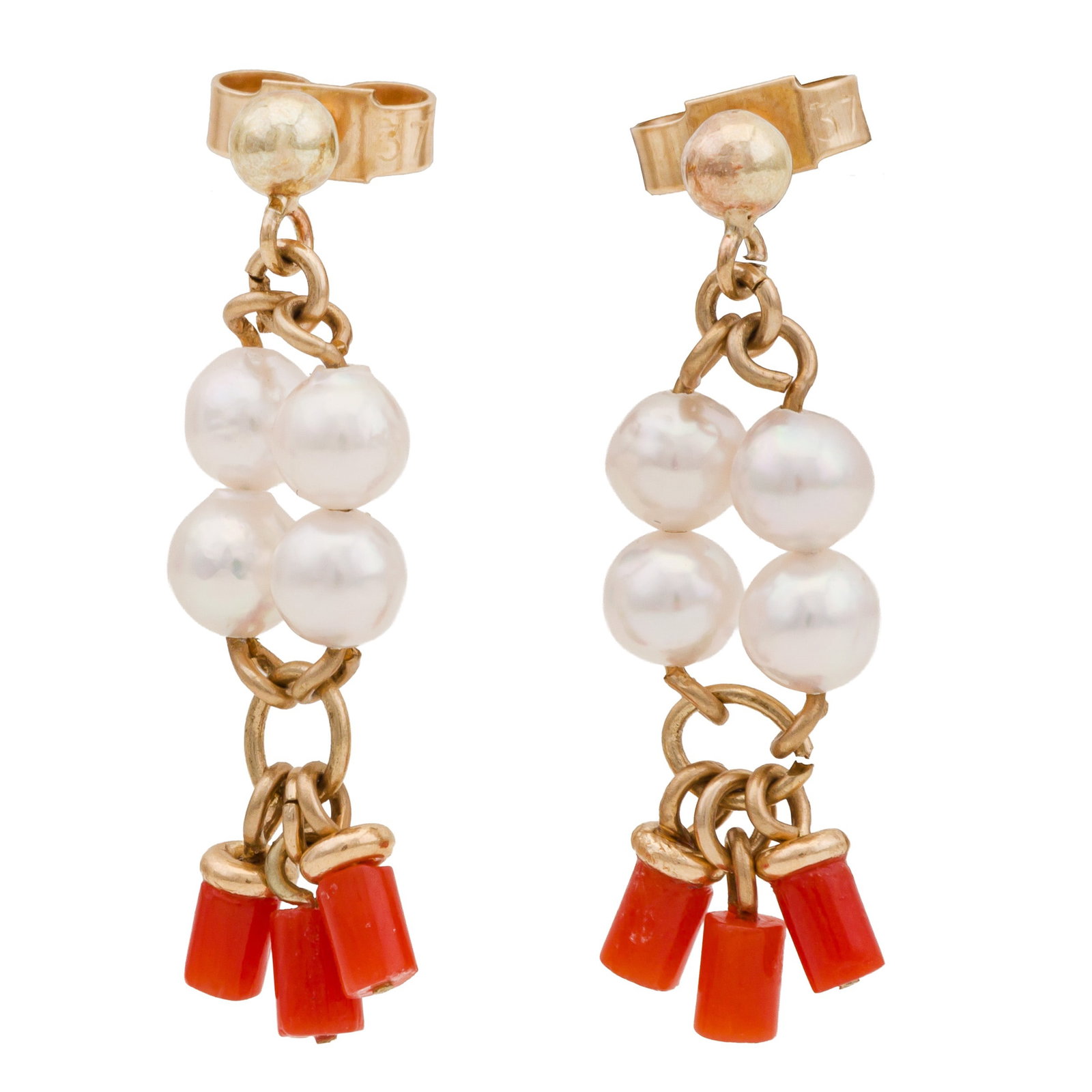 A pair of pearl and coral earrings Yellow metal: A pair of pearl and coral earrings Yellow metal Of pendent design, each set with a cluster 4.1-4.2mm pearls of white tint, suspending cylindrical beads of coral, all set in yellow metal, butterflies