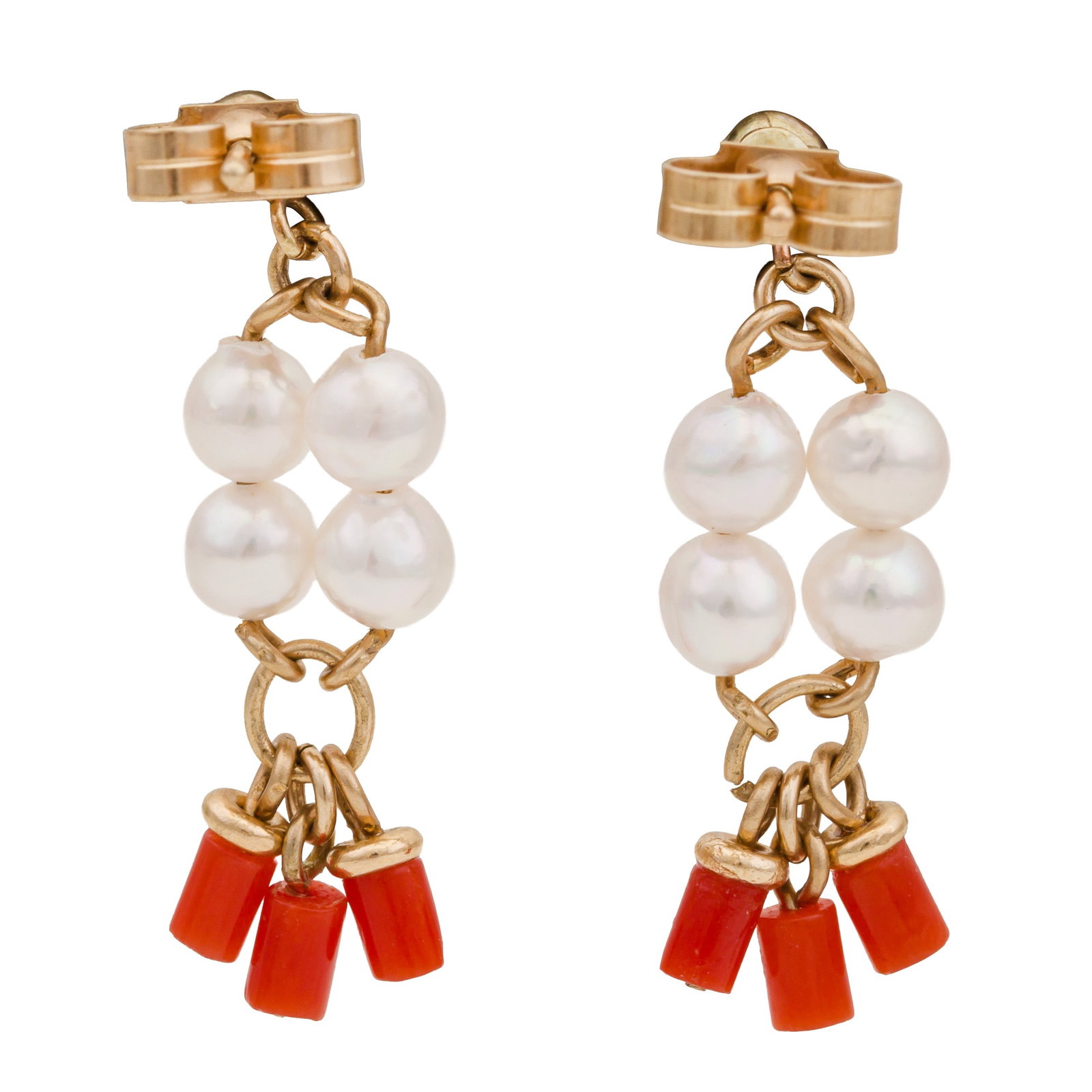 A pair of pearl and coral earrings Yellow metal - 2