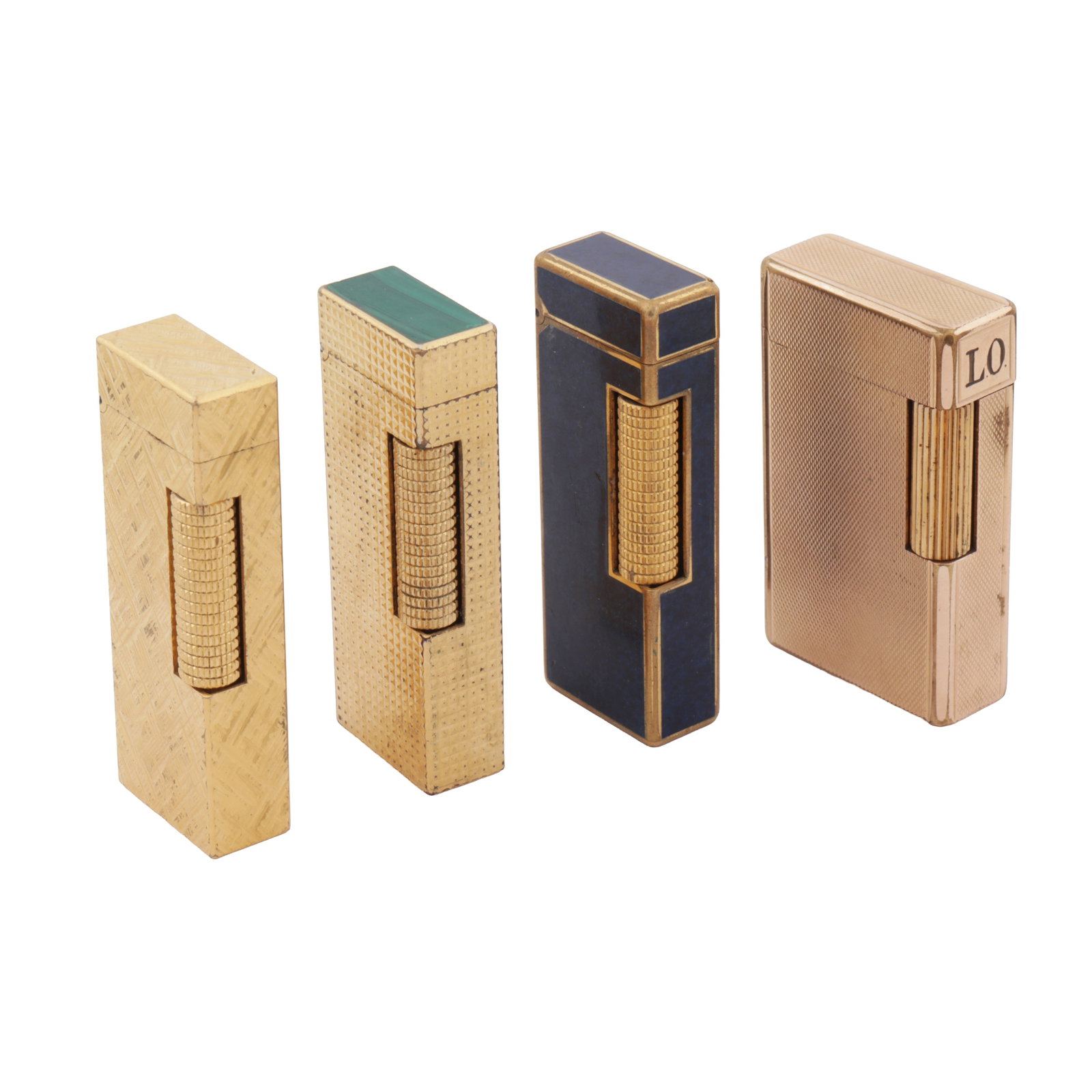 Four lighters Gold-plated: Four lighters Gold-plated Three gold-plated Dunhill Rollagas lighters, in engine-turned and blue lacquered finishes, together with a gold-plated Dupont lighter with diamond guilloché pattern