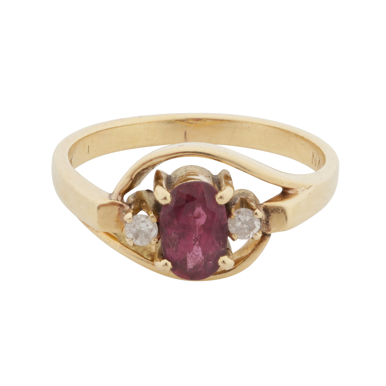 A ruby and diamond three stone ring Yellow metal: A ruby and diamond three stone ring Yellow metal Claw-set with an oval-cut ruby centre, flanked by brilliant-cut diamonds, to an openwork border and a straight band, stamped 14K, ring size M½