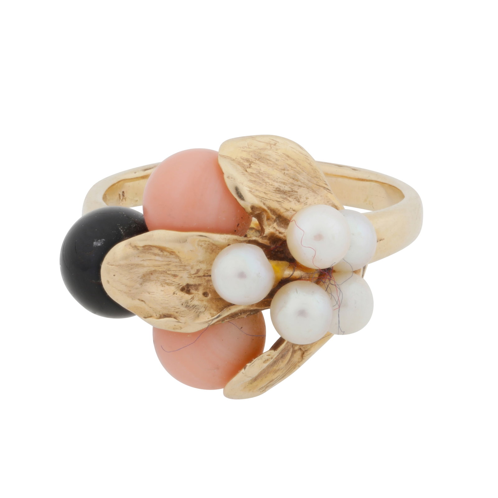 A coral, pearl, and onyx flower ring Yellow metal: A coral, pearl, and onyx flower ring Yellow metal Set with pearls, coral and onyx beads, to a straight band, stamped 14K, size K