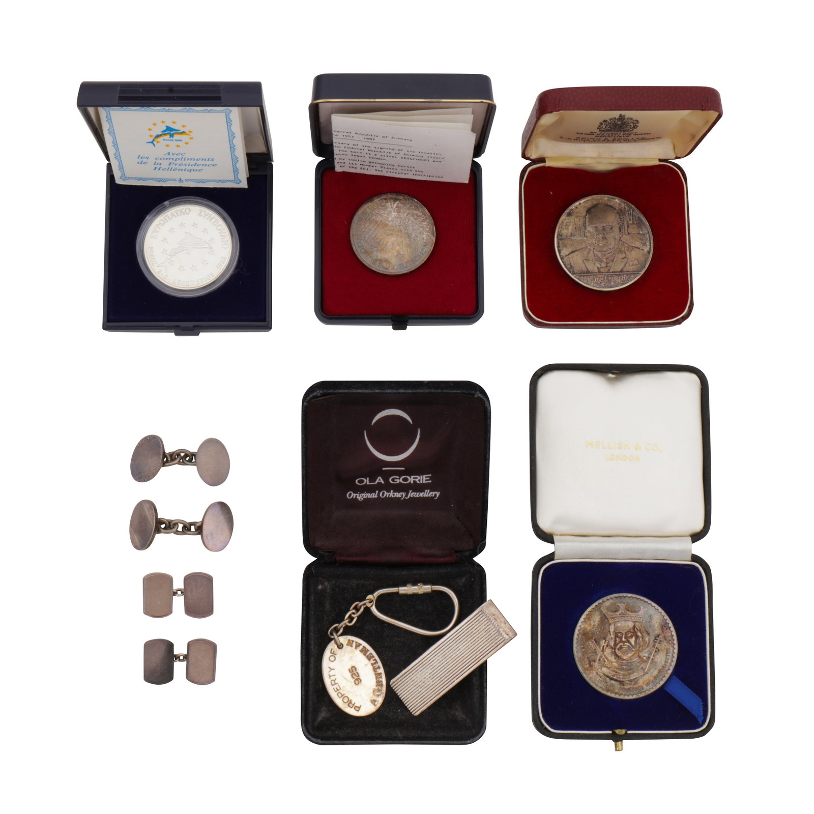 A group of assorted silver silver medallions together with assorted gentleman's silver jewellery (1 of 1)