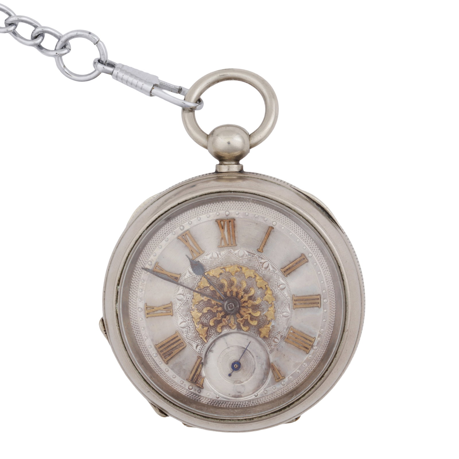 A large early 20th century open faced key wind fob watch Silver plated case: A large early 20th century open faced key wind fob watch Silver plated case Thel case with engine turned decoration, the center with a vacant cartouche, the silvered dial with gilt Roman numeral