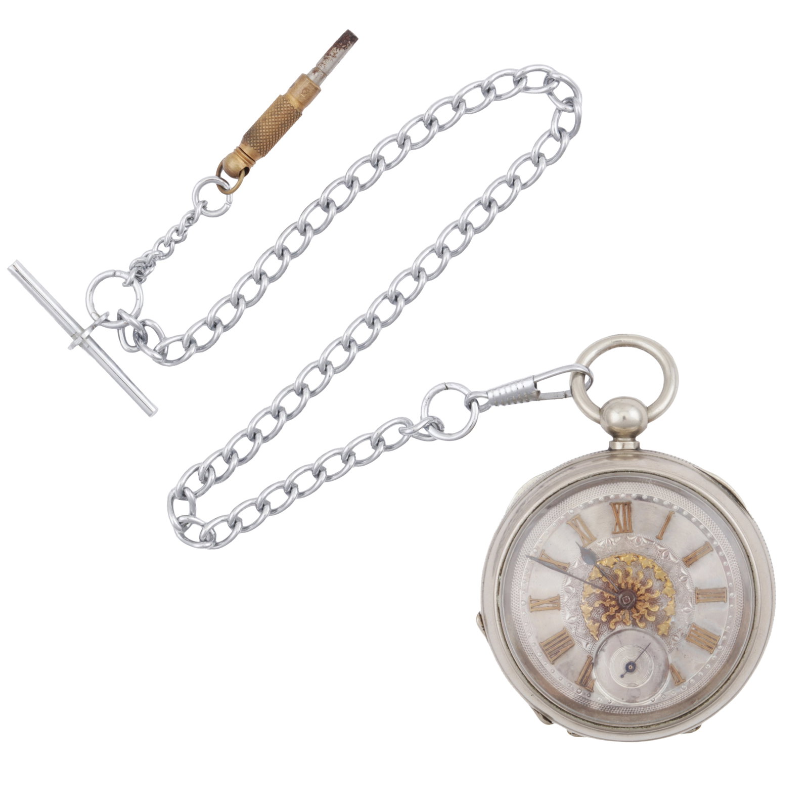 A large early 20th century open faced key wind fob watch Silver plated case - 3
