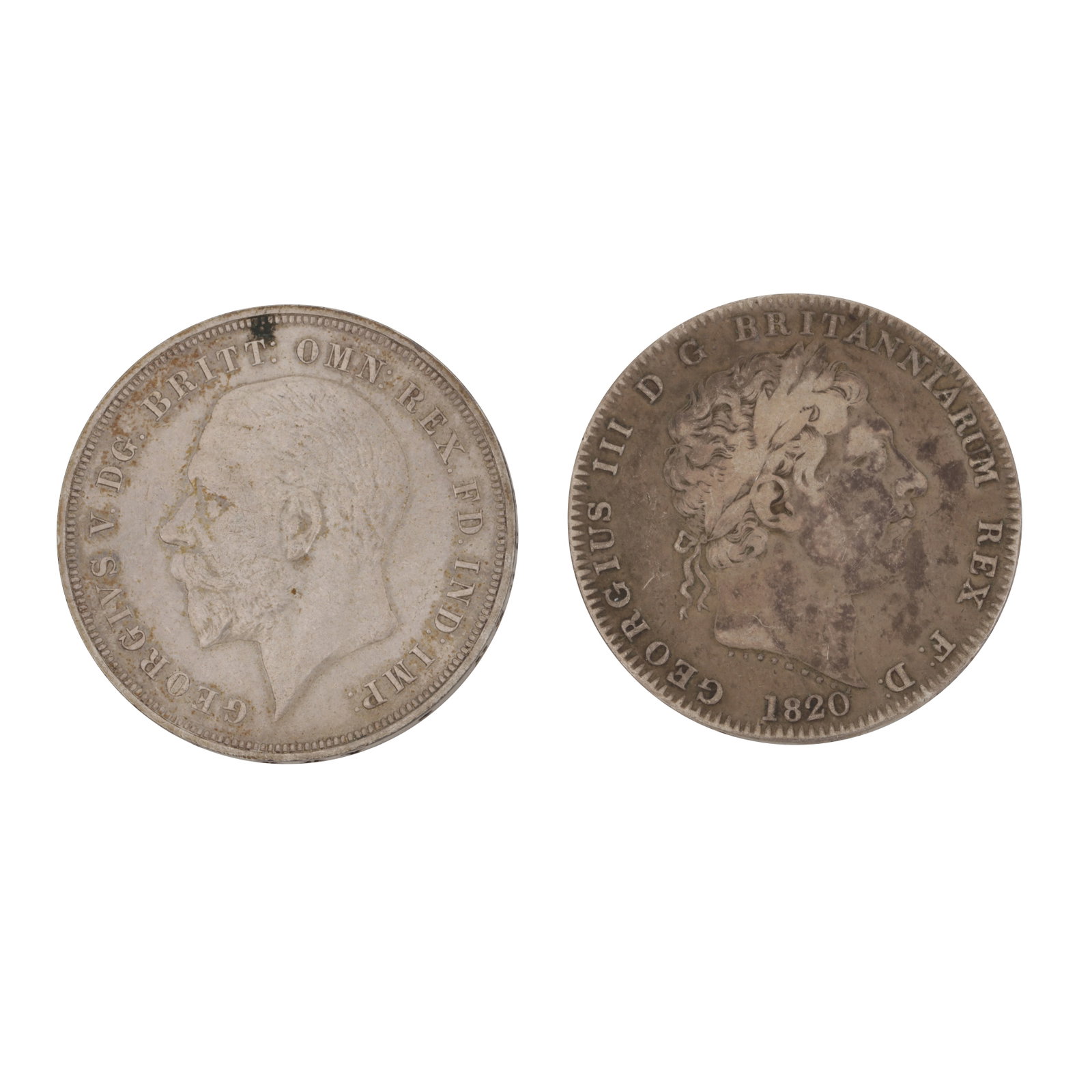 GB Coins -Two Silver Full Crowns George III 1820 and George V 1935: GB Coins -Two Silver Full Crowns George III 1820 and George V 1935 Comprising of a 1820 George III Bull Head full crown (sterling 925) and a Jubilee year George V full crown (50% silver) 1820 crown