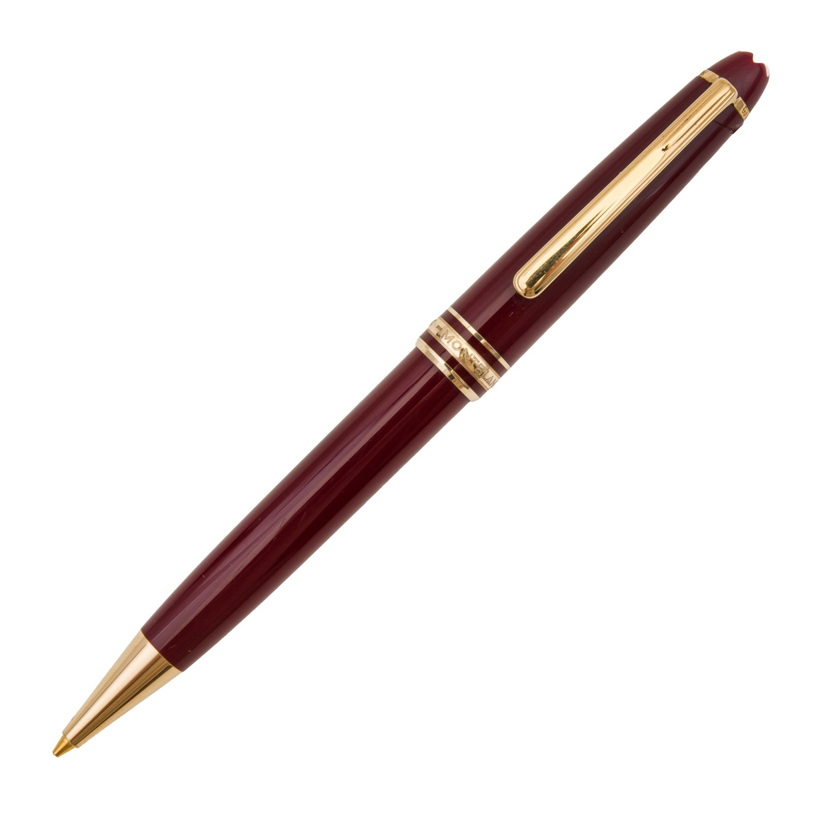 Mont Blanc Meisterstuck Propelling Pencil: Mont Blanc Meisterstuck Propelling Pencil Burgundy resin barrel, gold-plated shirt clip and banding. Notable crack in the resin near the shirt clip band.