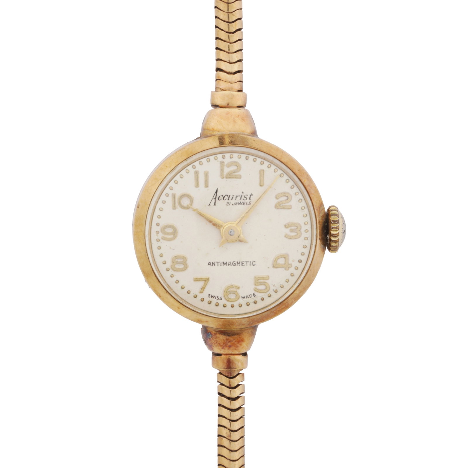 Ladies' Accurist Bracelet Watch 9ct gold: Ladies' Accurist Bracelet Watch 9ct gold Date: 1960's Movement: Manual Dial: Silvered, applied gilt-metal Arabic numerals Case: 9ct gold Bracelet: 9ct gold, snake-link Size: 19mm Gross weight: 12.8g