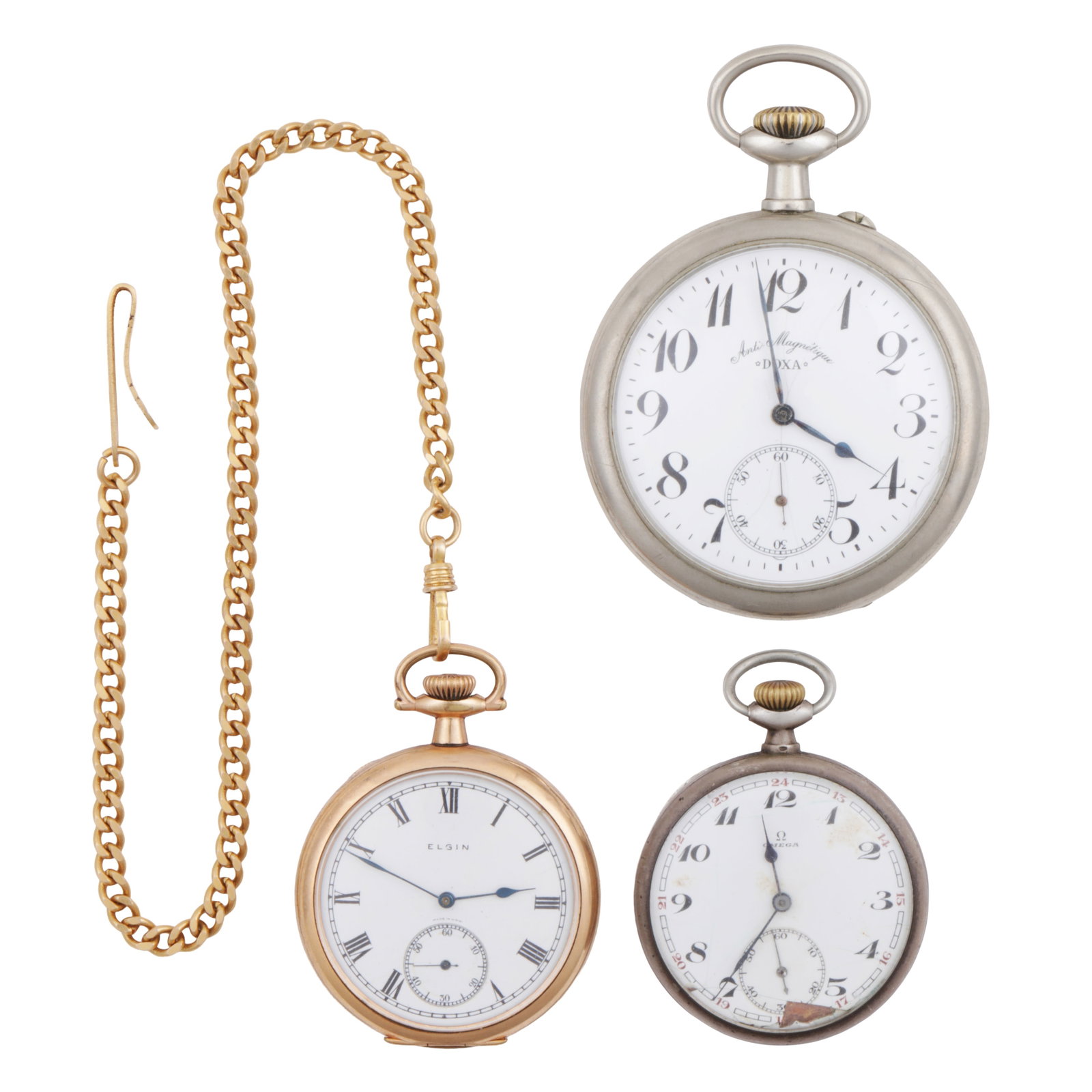 A Doxa nickel cased keyless wind open-faced Goliath pocket watch Together with an Omega silver cased: A Doxa nickel cased keyless wind open-faced Goliath pocket watch Together with an Omega silver cased open faced pocket watch and an Elgin open faced pocket watch The white enamel dial with outer