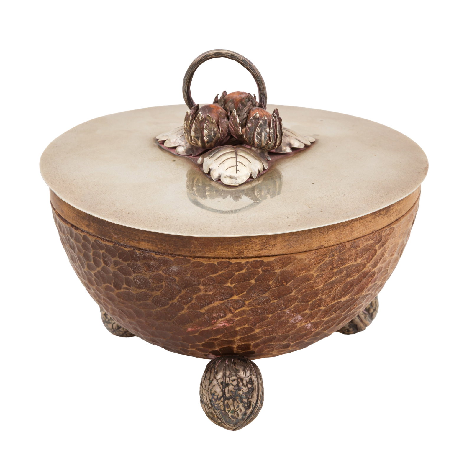 An early to mid-20th century unmarked silver mounted wooden bowl, probably continental: An early to mid-20th century unmarked silver mounted wooden bowl, probably continental Hemispherical form raised upon three feet modelled as walnuts, the pull off lid with a central look handle with