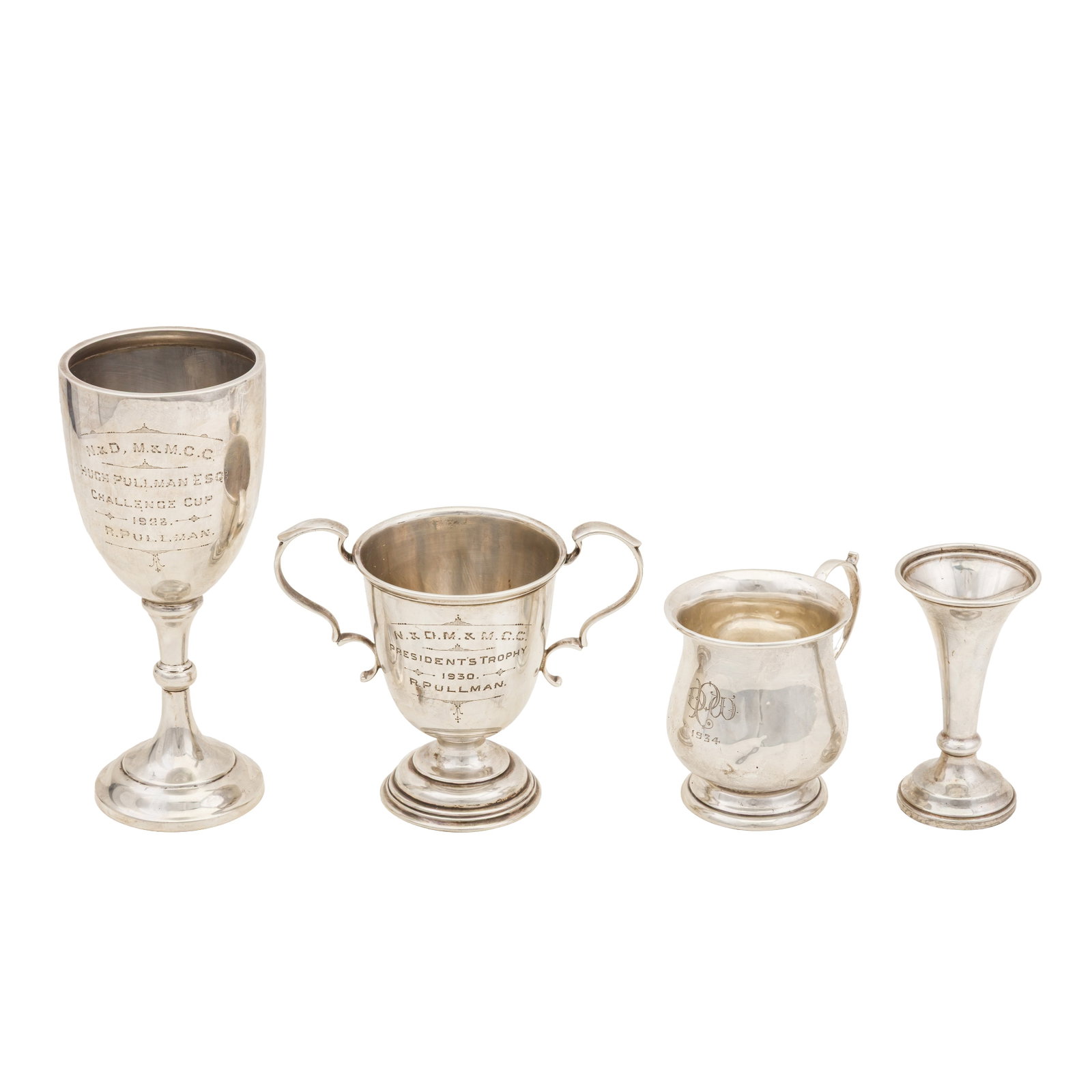 Sheffield 1928 by RF Mosley A George V sterling silver twin handled trophy: Sheffield 1928 by RF Mosley A George V sterling silver twin handled trophy Of tapering form with twin scroll handles and engraved inscription dated 1930. Together with another presentation cup,