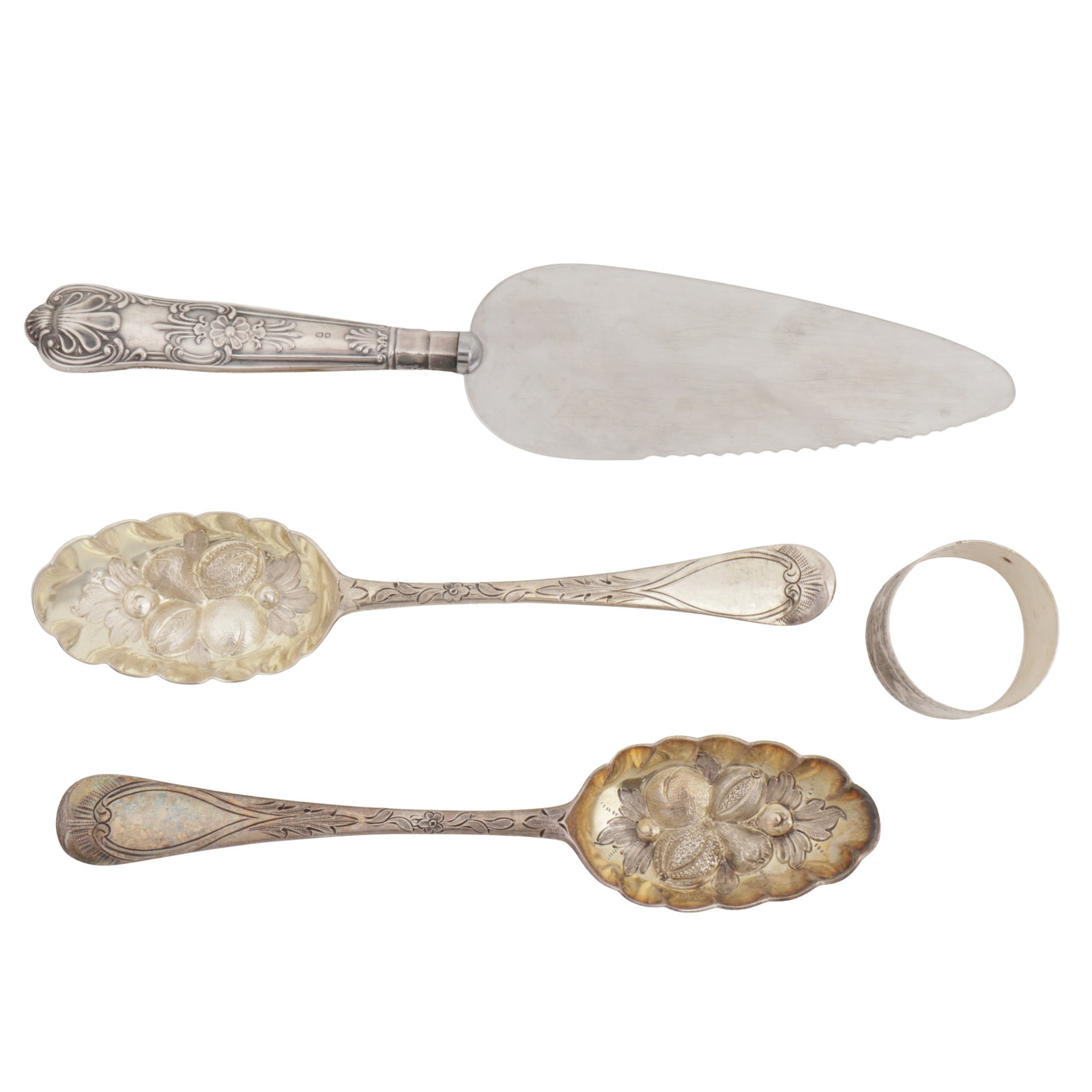 A mixed group of sterling silver: A mixed group of sterling silver Comprising a matched pair of George II tablespoons, later decorated as berry spoons, one London 1735. Together with a Victorian napkin ring, London 1887 by Aldwinckle