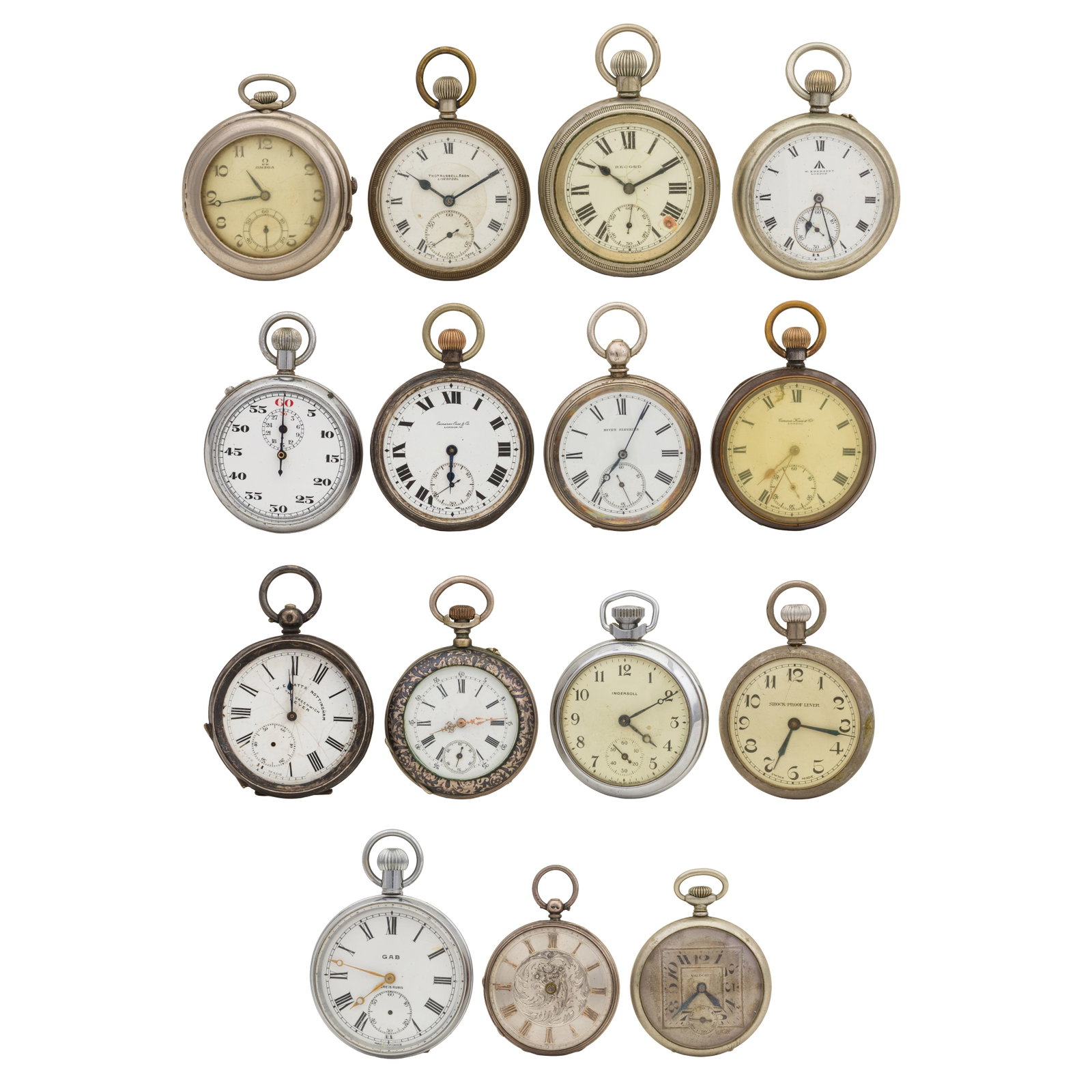A Group Of Fifteen Pocket Watches: A Group Of Fifteen Pocket Watches An interesting selection, comprising military, railway, and personal examples: 4 x silver-cased, 1 x niello-decorated, and the remainder chromed/base metal. All AF.