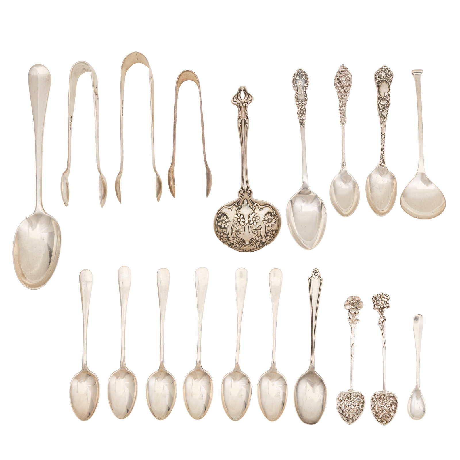 Sheffield 1904 by Mappin and Webb A set of six Edwardian sterling silver teaspoons: Sheffield 1904 by Mappin and Webb A set of six Edwardian sterling silver teaspoons Old English pattern. Together a late 19th century Art nouveau American sterling silver caddy spoon by Gorham, other