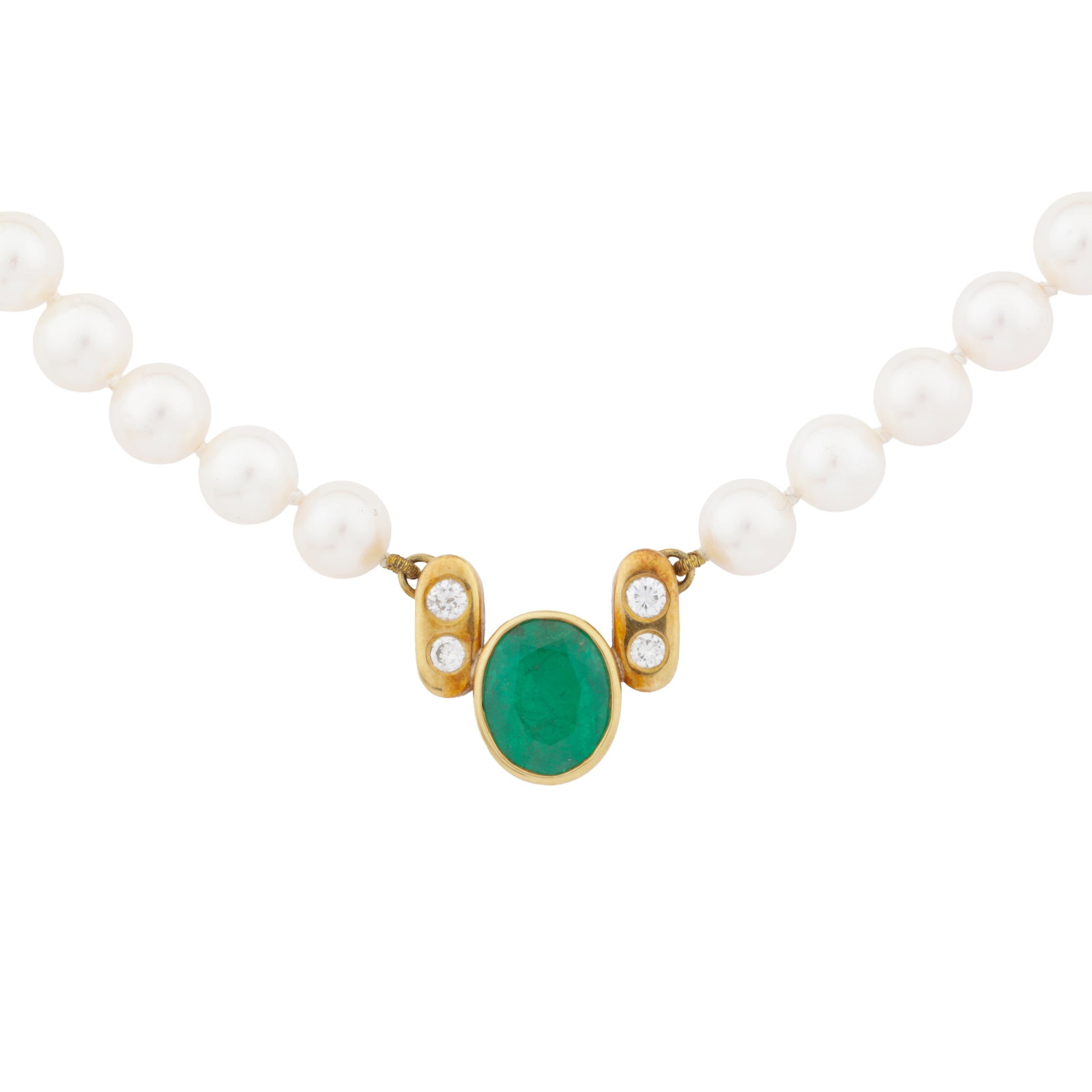 An emerald, pearl, and diamond necklace Yellow metal: An emerald, pearl, and diamond necklace Yellow metal The single strand of 6.5-7.0mm pearls of white tint, centring a pendant of polished design, collet-set with an oval-cut emerald, flanked by