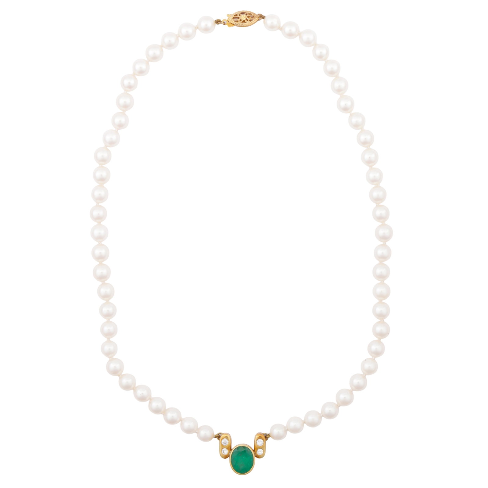 An emerald, pearl, and diamond necklace Yellow metal - 2