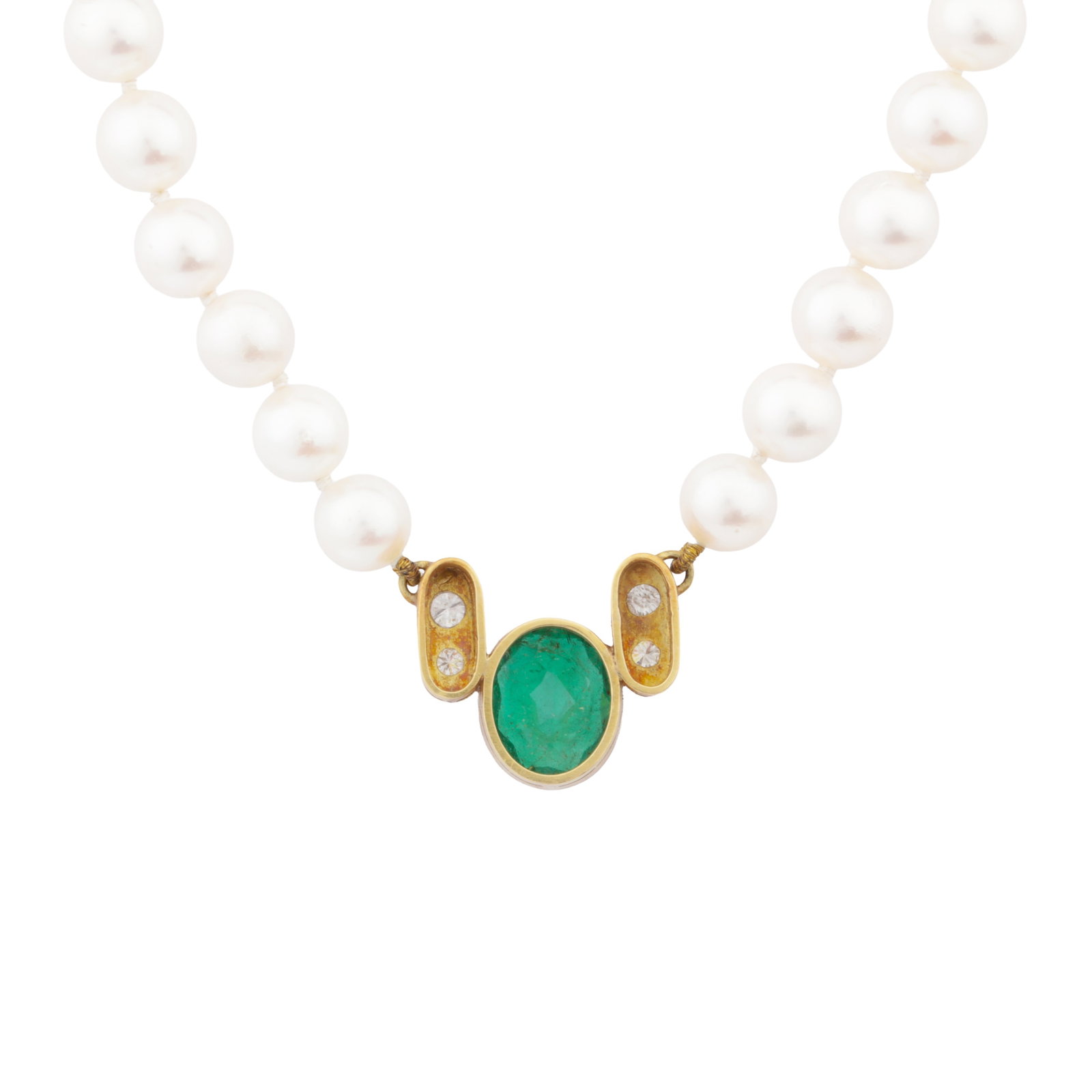 An emerald, pearl, and diamond necklace Yellow metal - 3