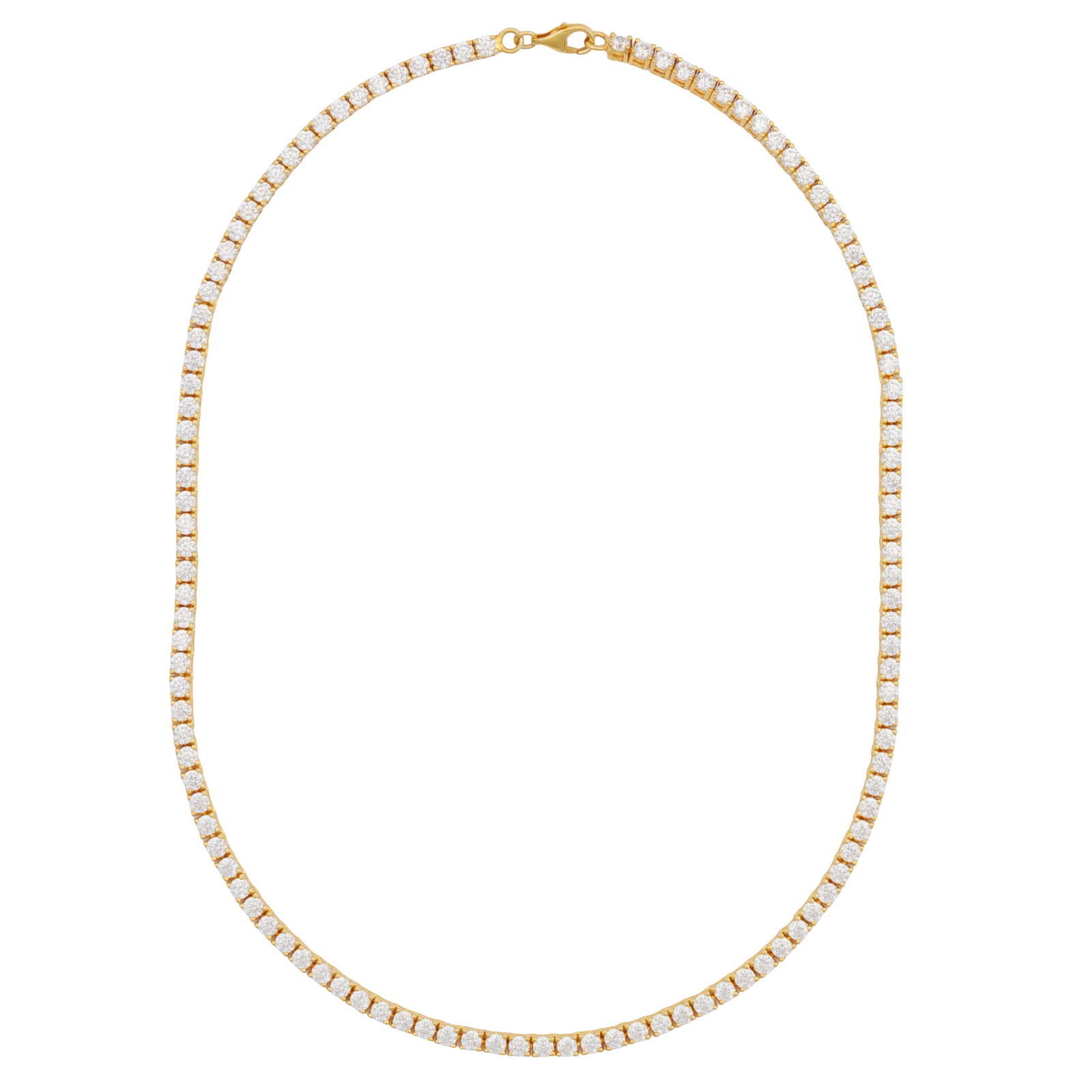A tennis necklace Yellow metal: A tennis necklace Yellow metal Claw set with graduated circular-cut cubic zirconia, lobster clasp fitting, stamped 925, length 30.8cm