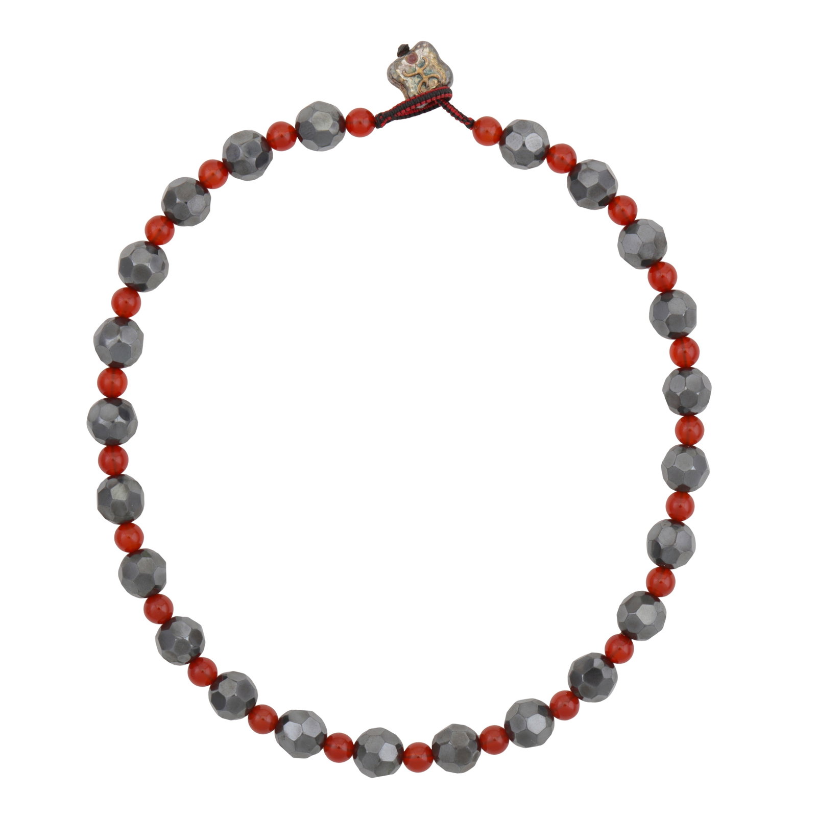 Hamilton & Inches | A pyrite and chalcedony bead necklace Silver: Hamilton & Inches | A pyrite and chalcedony bead necklace Silver Of linear design, set with circular-cut faceted pyrite beads and carnelian beads, to a texture clasp, signed, UK hallmark, with