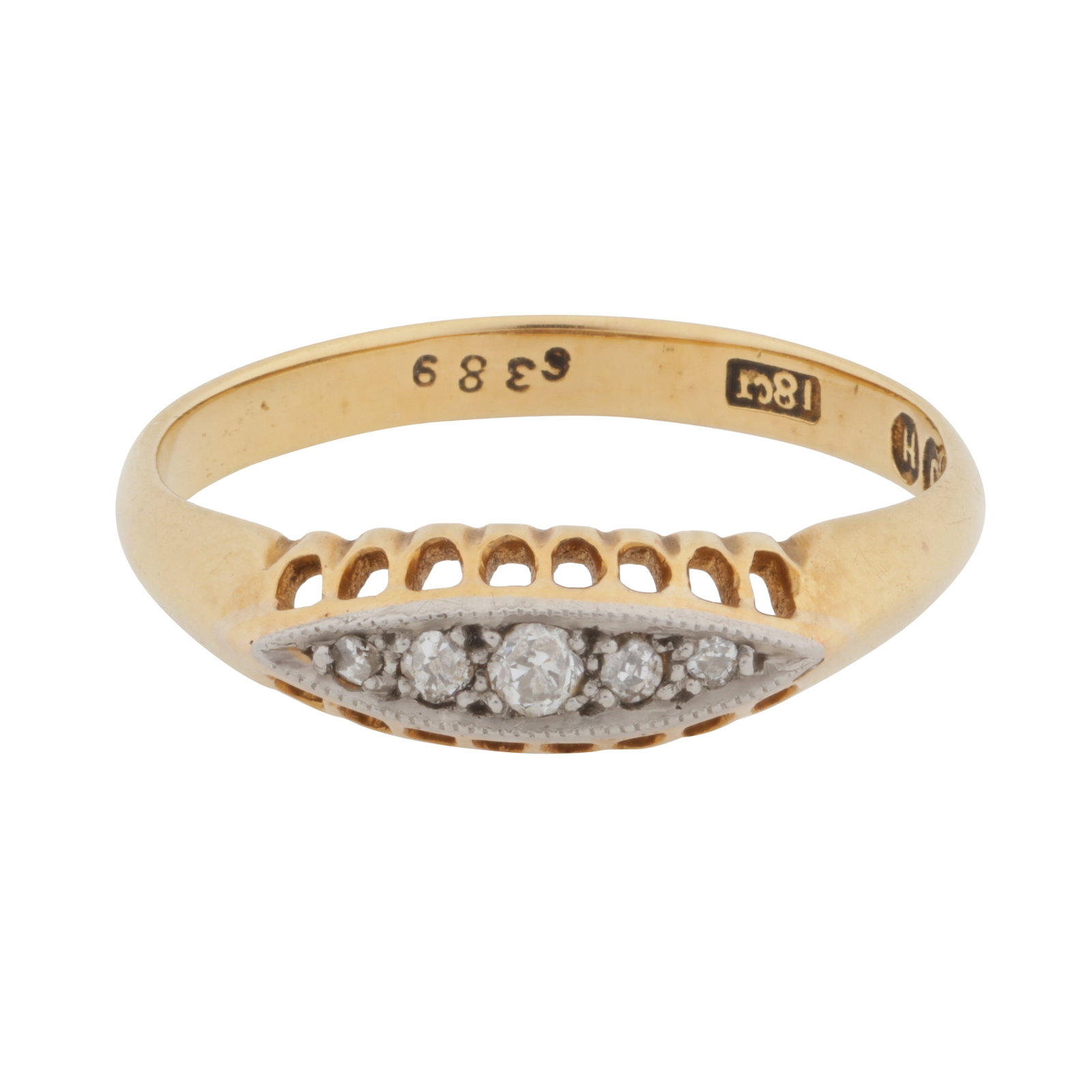 A diamond five stone ring Yellow metal: A diamond five stone ring Yellow metal Set with graduated old-cut diamonds, pierced gallery, tapered band, maker's mark, stamped 18ct, size O