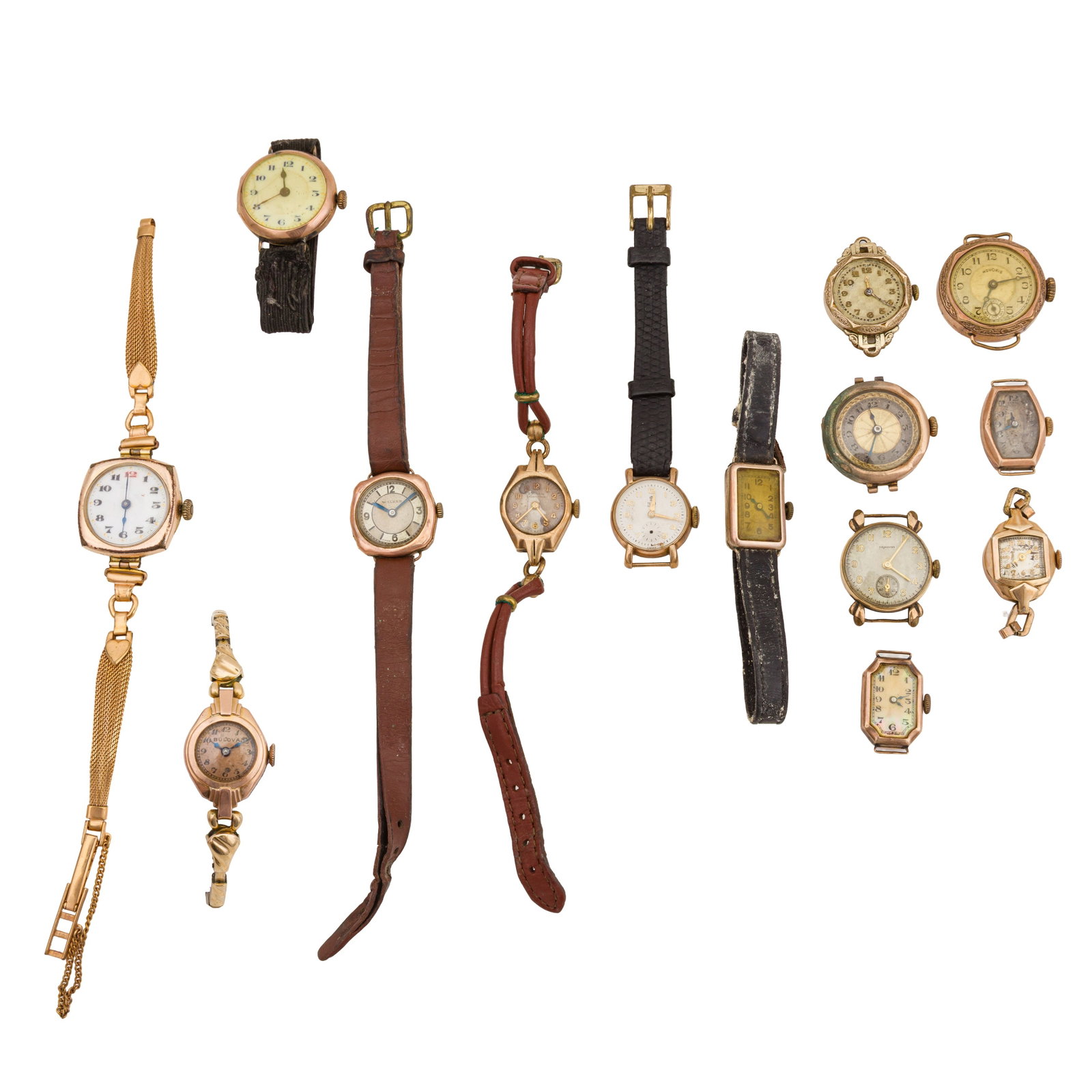 A Group of Fifteen Ladies' Vintage Watches 9 x 9ct gold, 6 x gold-plated: A Group of Fifteen Ladies' Vintage Watches 9 x 9ct gold, 6 x gold-plated Early to mid-20th century, comprising examples by Tudor, Walker, Bulova, Kirchhofer, Novoris and others, a combination of